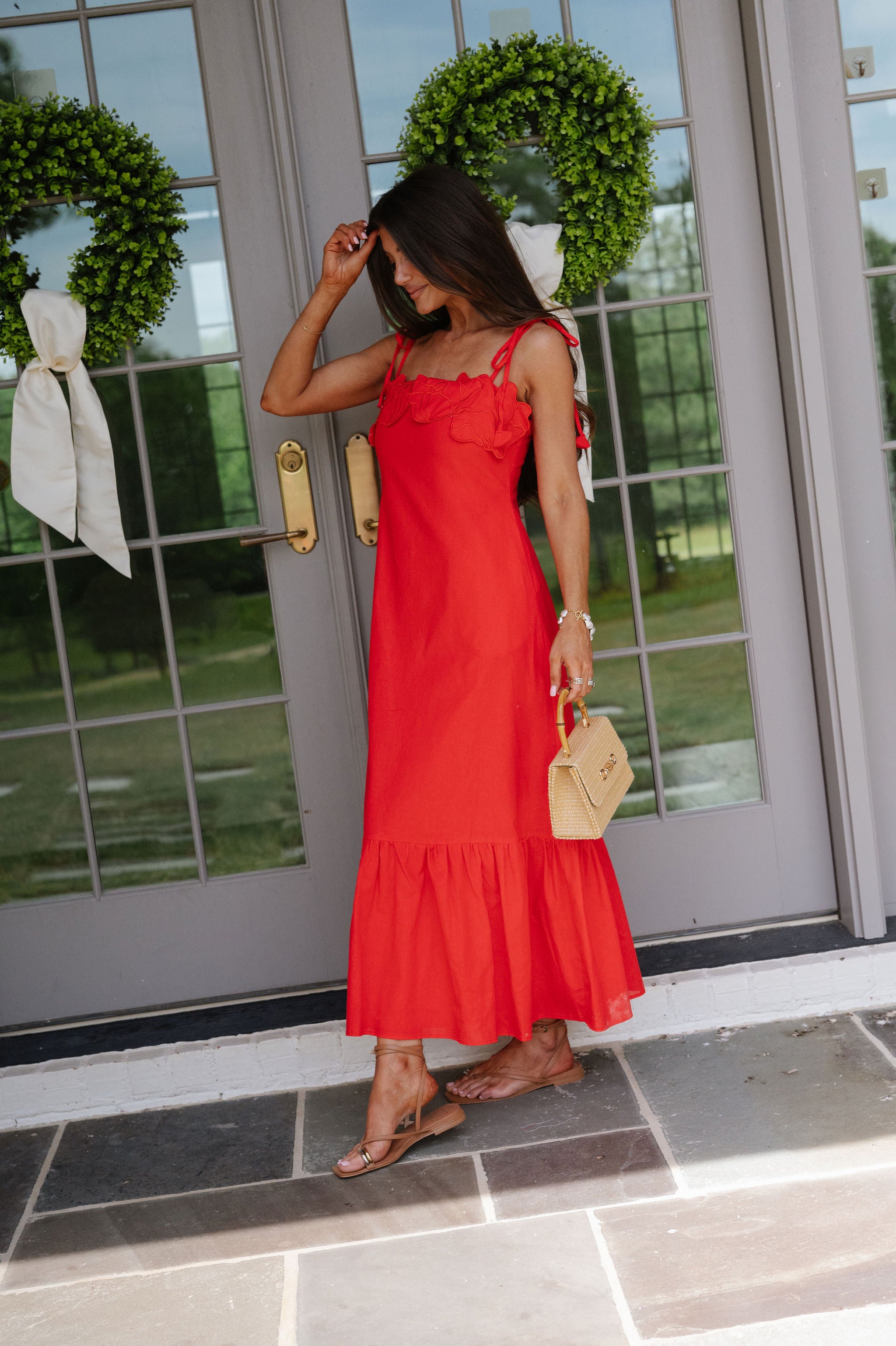 Hanna Embellished Midi Dress-Red