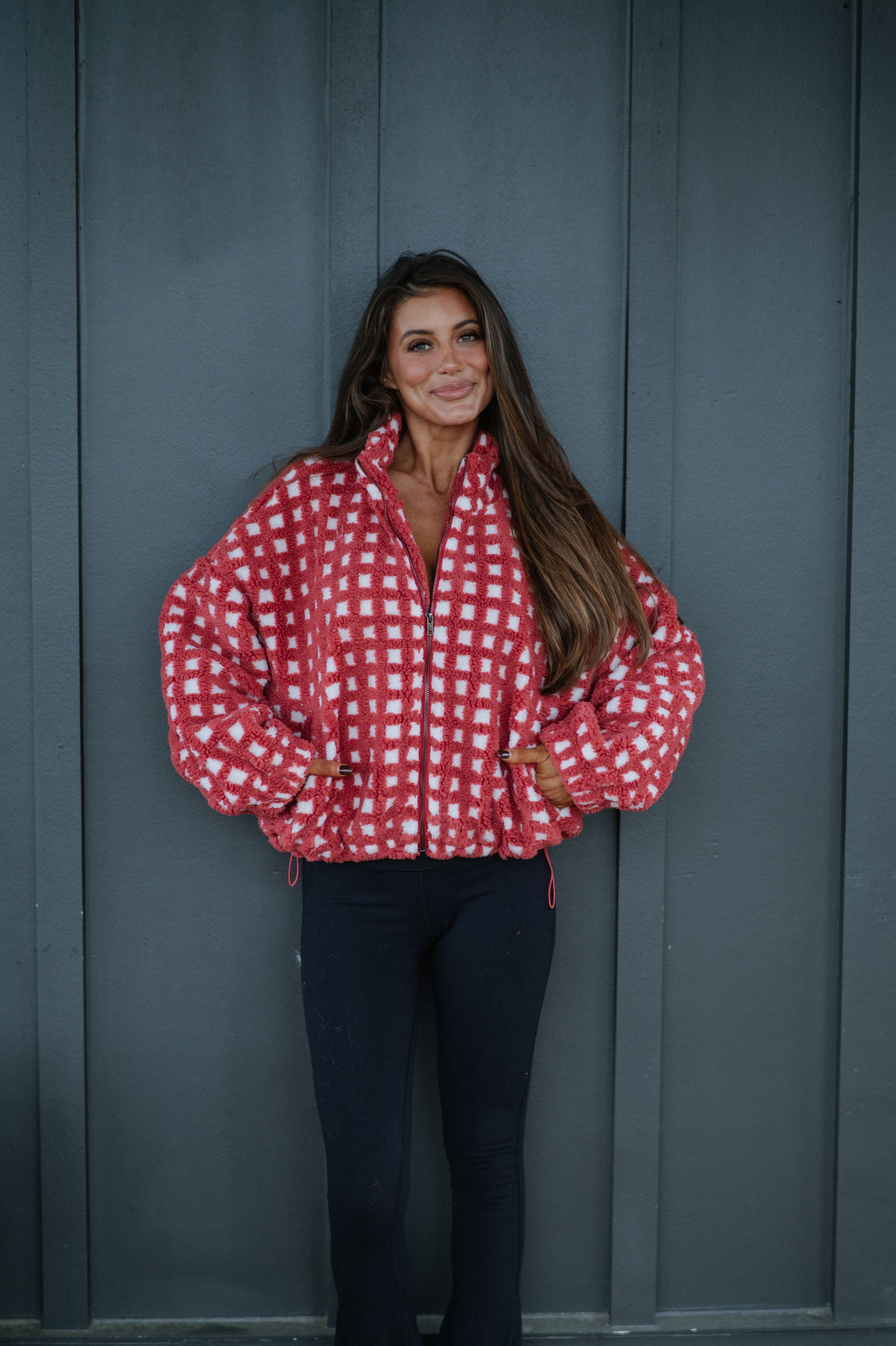 Fuzzy Checkered Sherpa Jacket-Burnt Red Multi