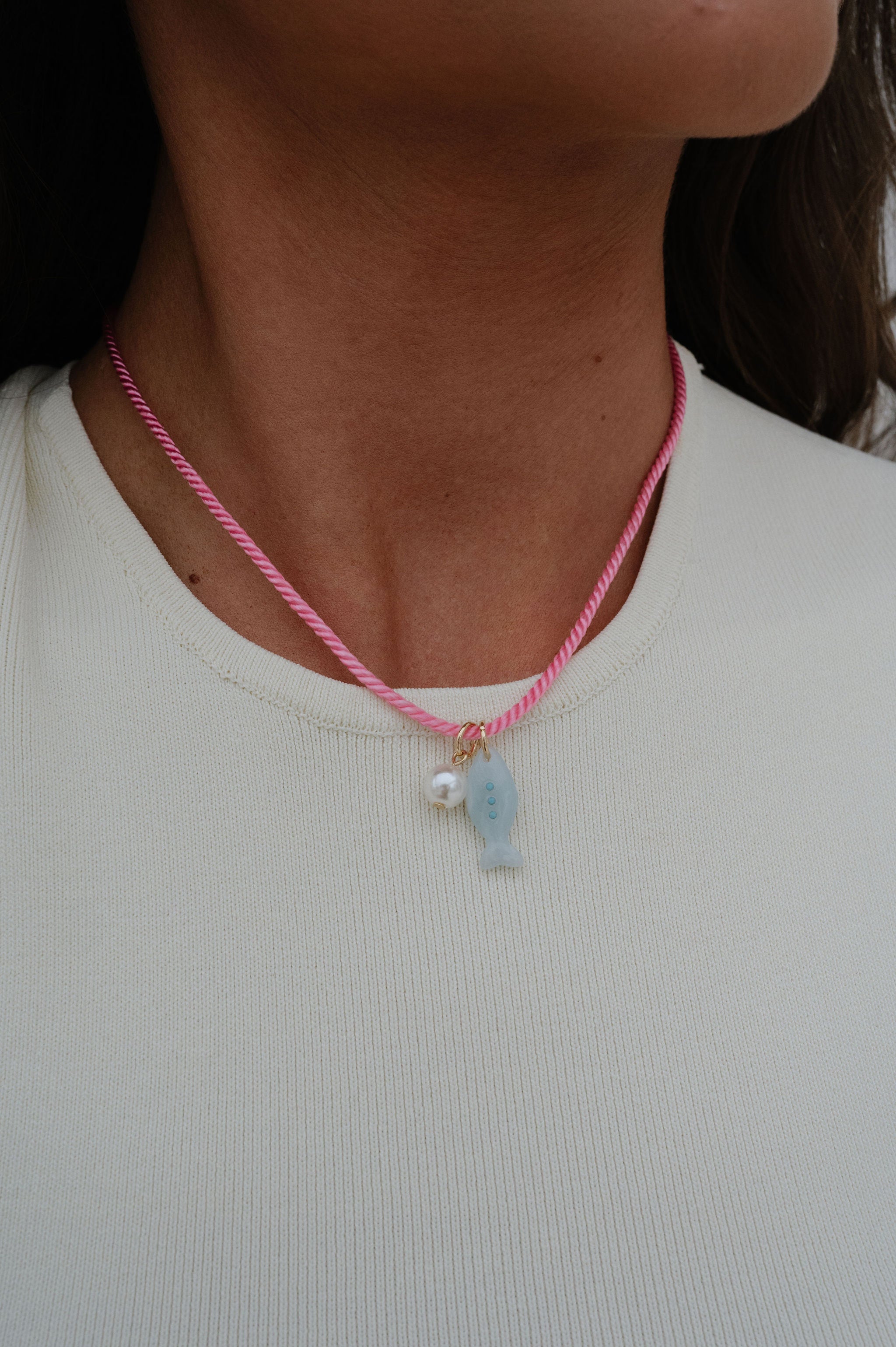 Lagoon Rope Pearl Charm Necklace-Pink