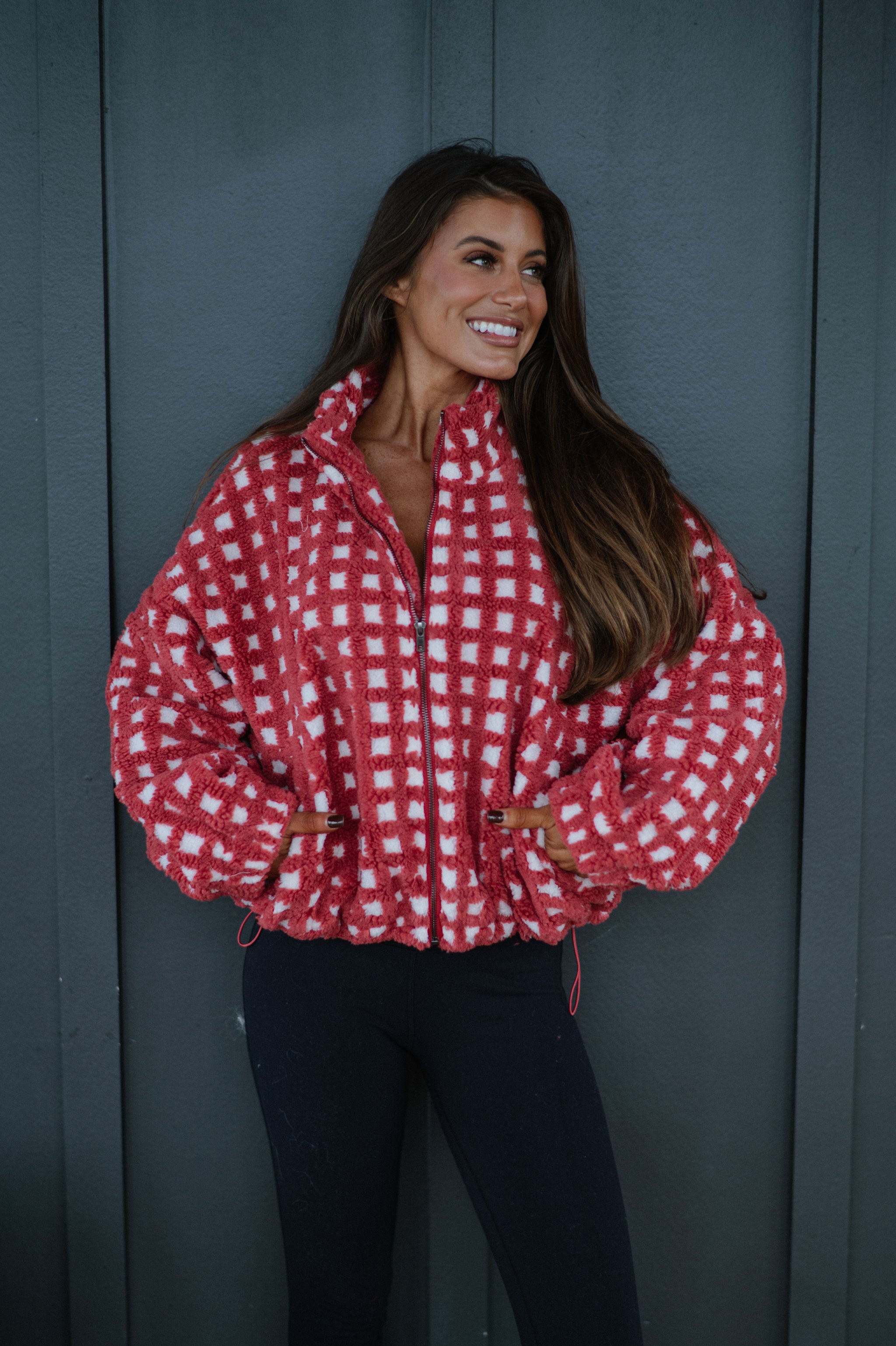 Fuzzy Checkered Sherpa Jacket-Burnt Red Multi