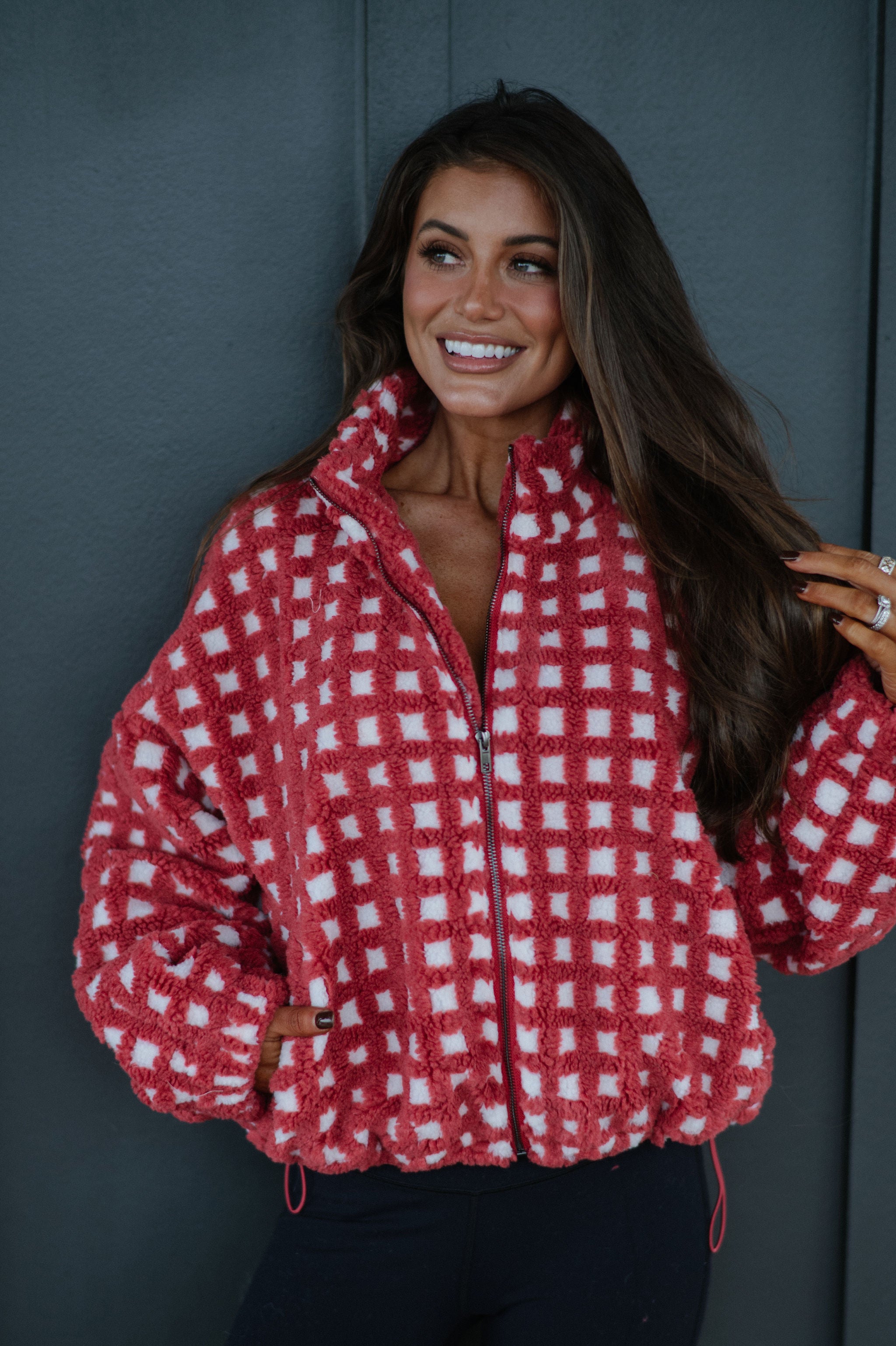 Fuzzy Checkered Sherpa Jacket-Burnt Red Multi