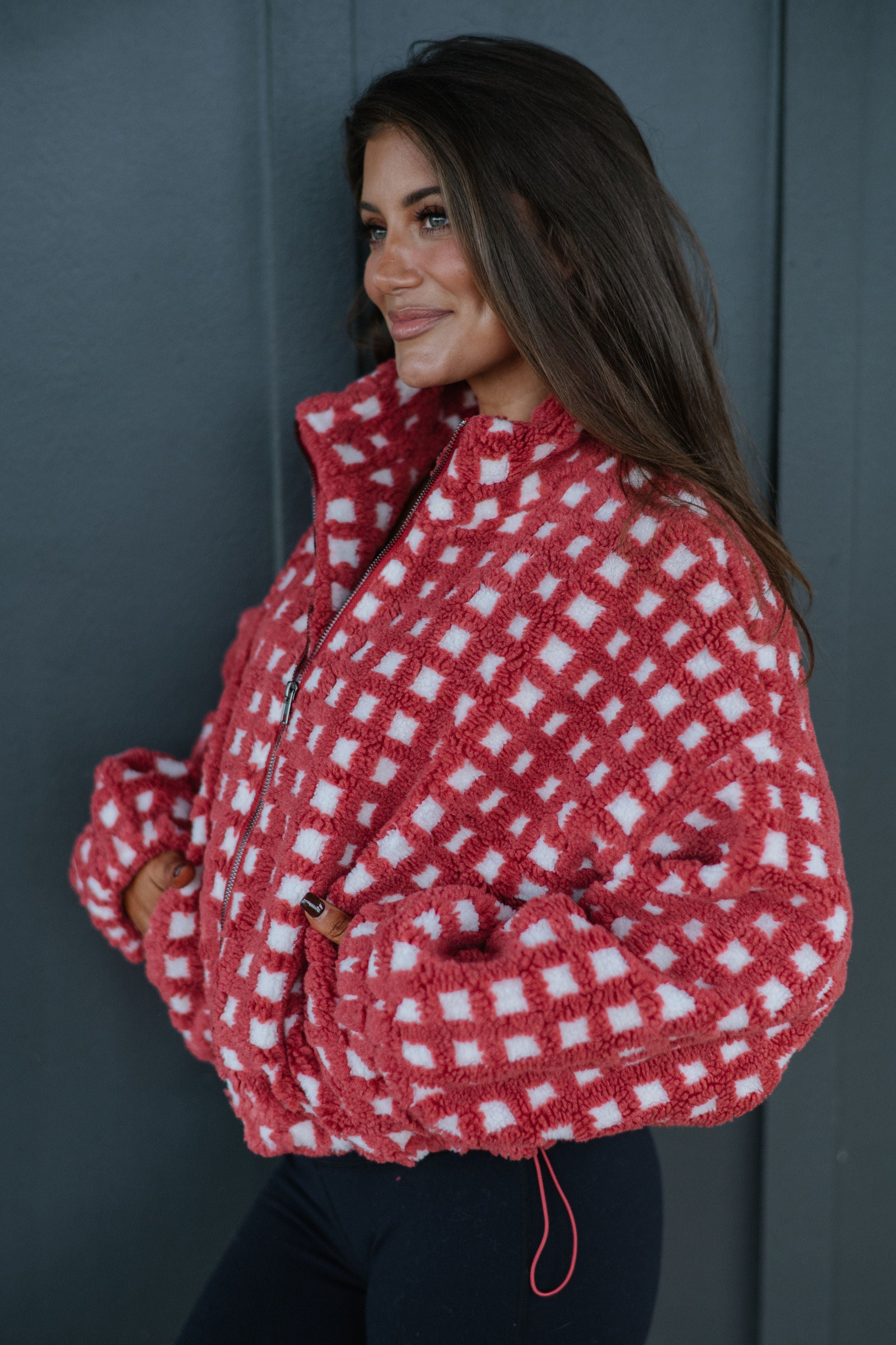Fuzzy Checkered Sherpa Jacket-Burnt Red Multi