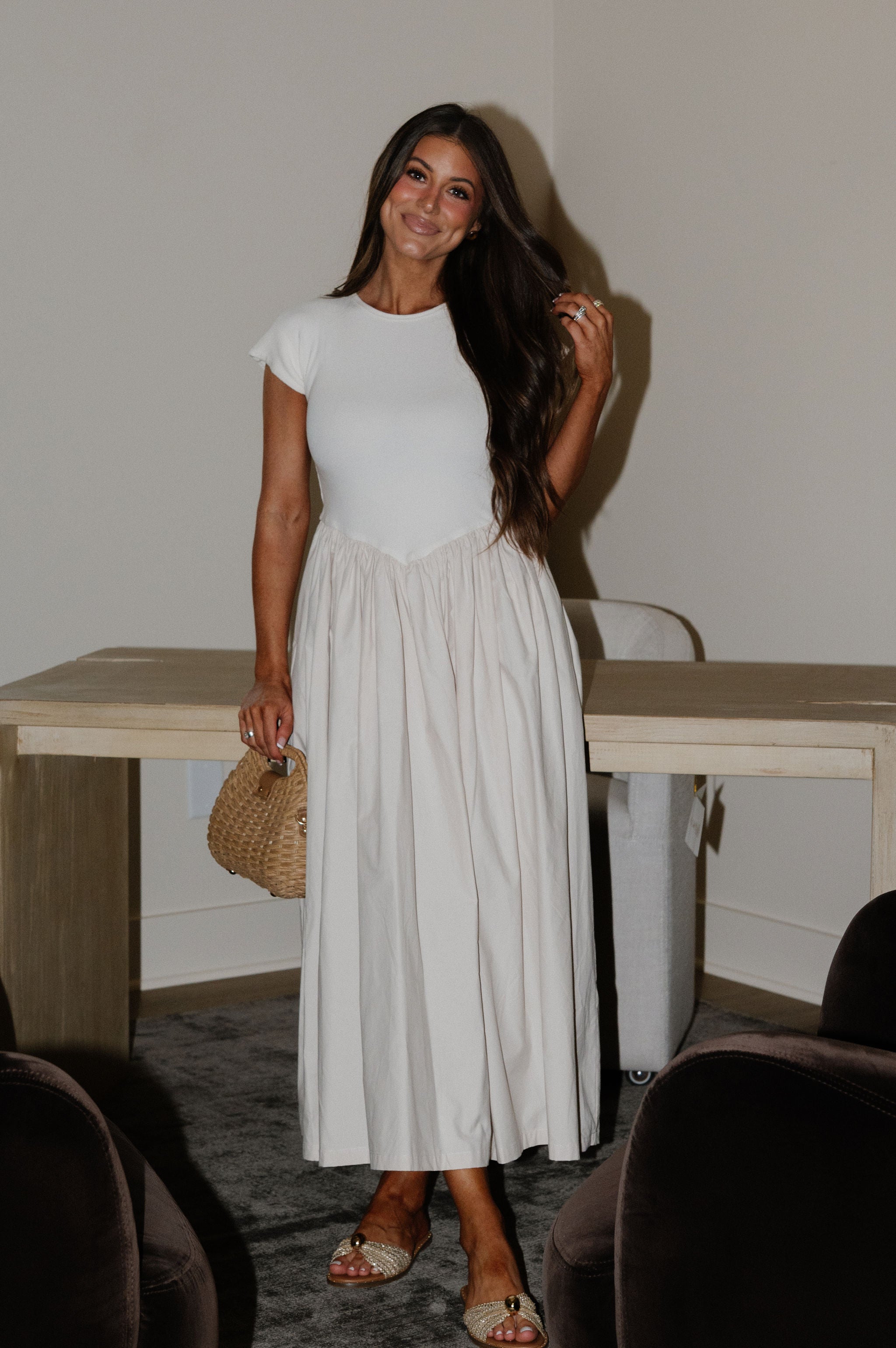 Jamie Contrasted Dress-Cream