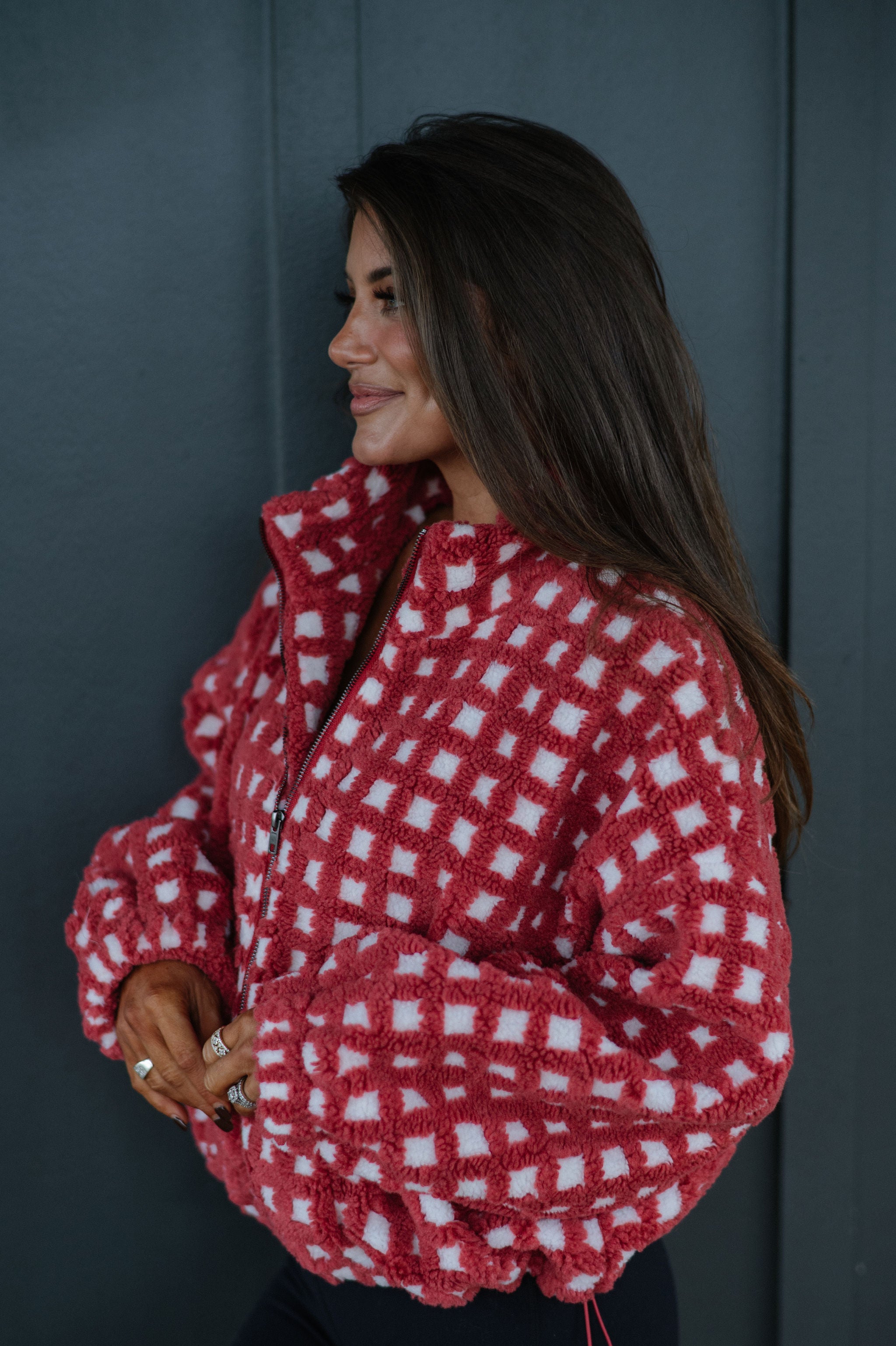 Fuzzy Checkered Sherpa Jacket-Burnt Red Multi