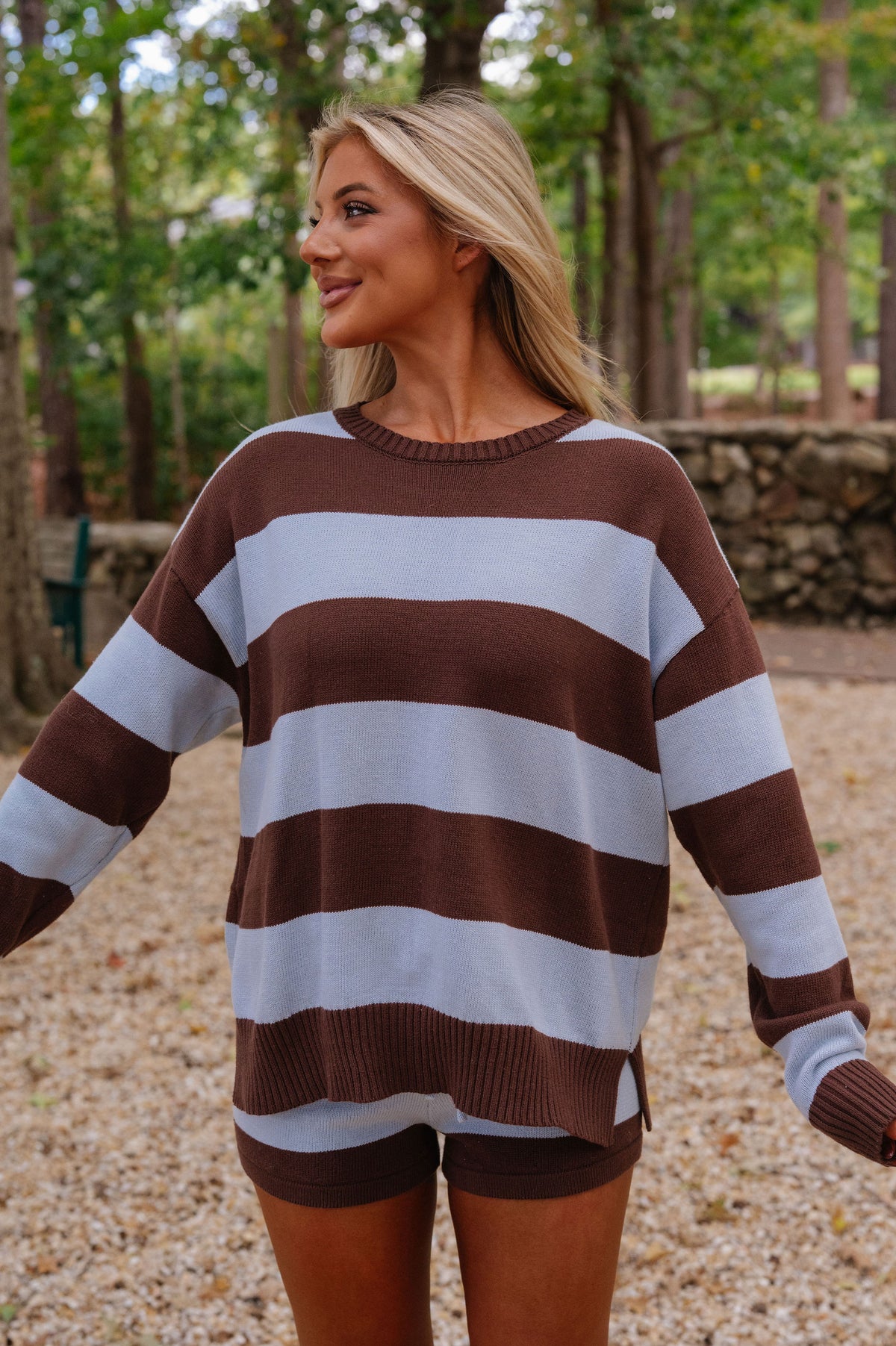 Haven Striped Short Set-Brown/Light Blue
