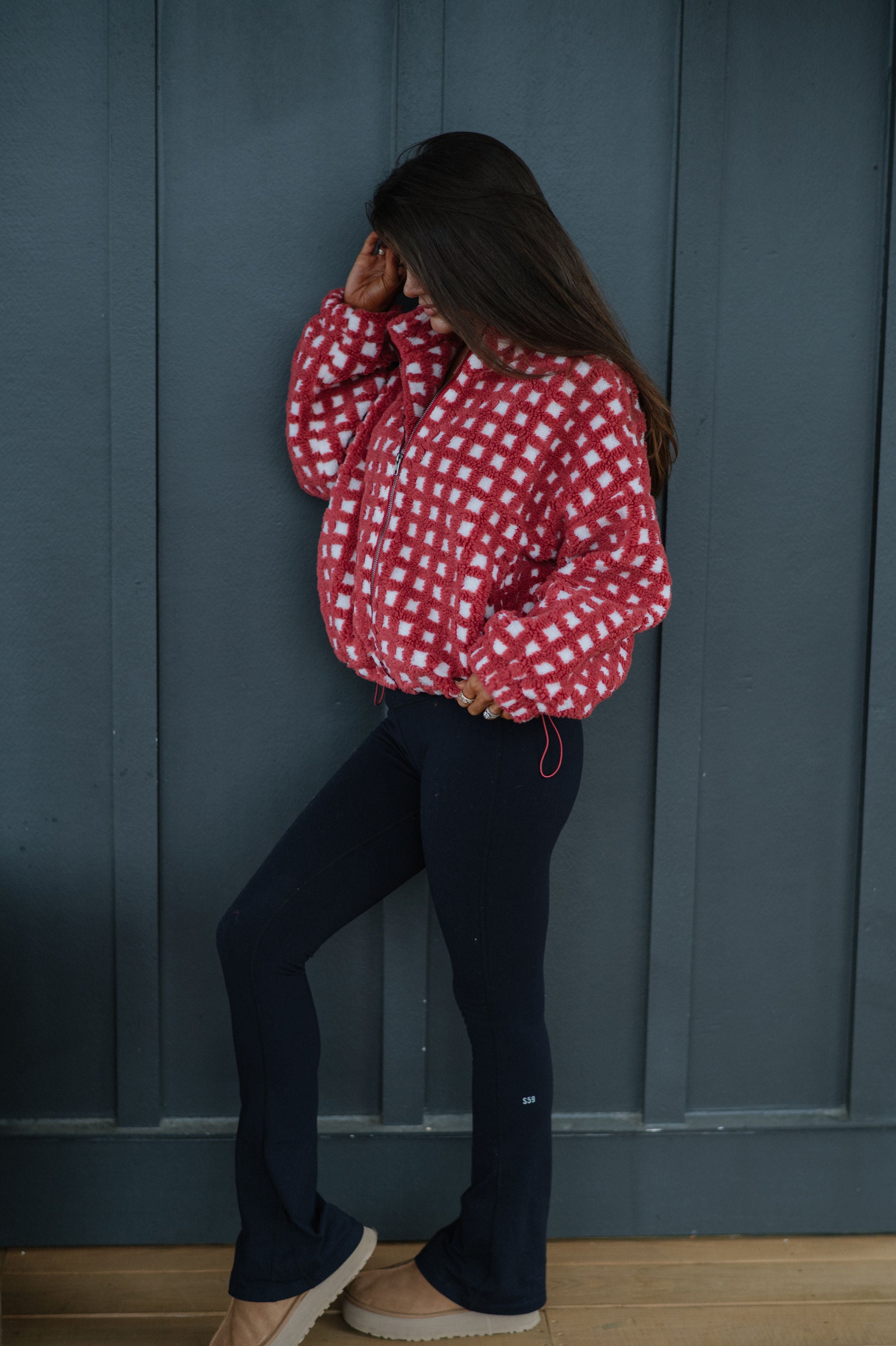 Fuzzy Checkered Sherpa Jacket-Burnt Red Multi