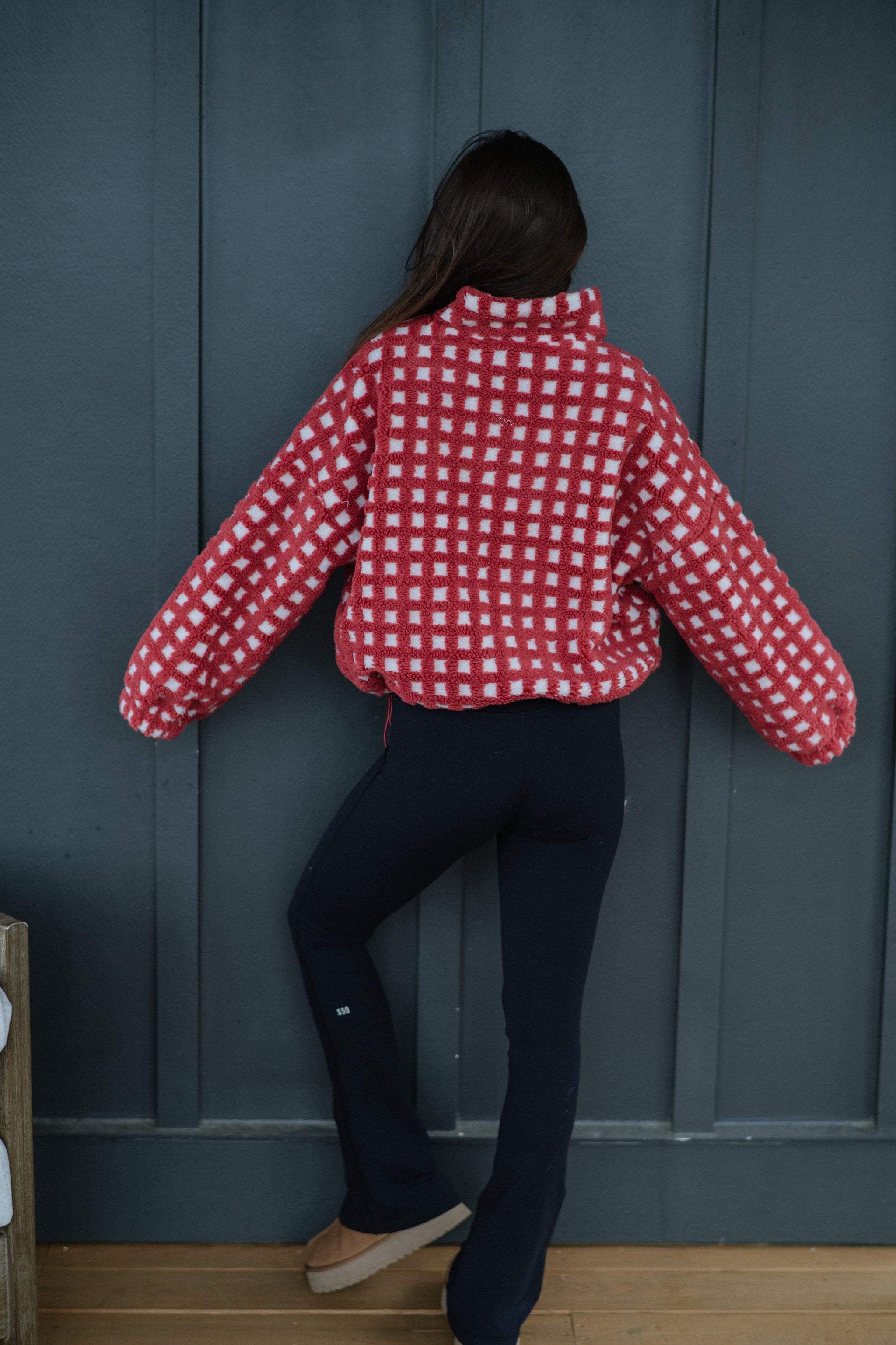 Fuzzy Checkered Sherpa Jacket-Burnt Red Multi