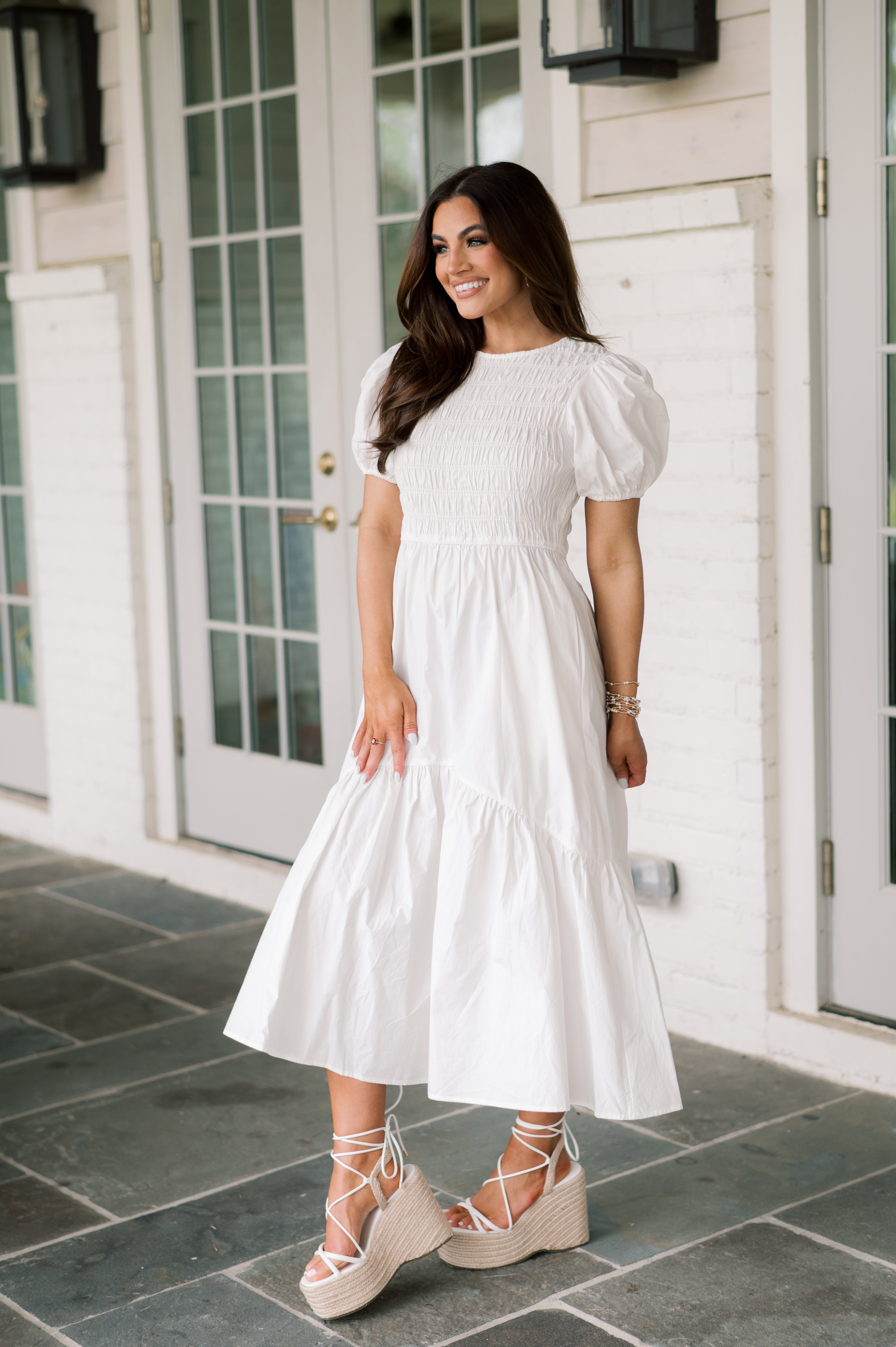 Nelson Smocked Tiered Midi Dress- White