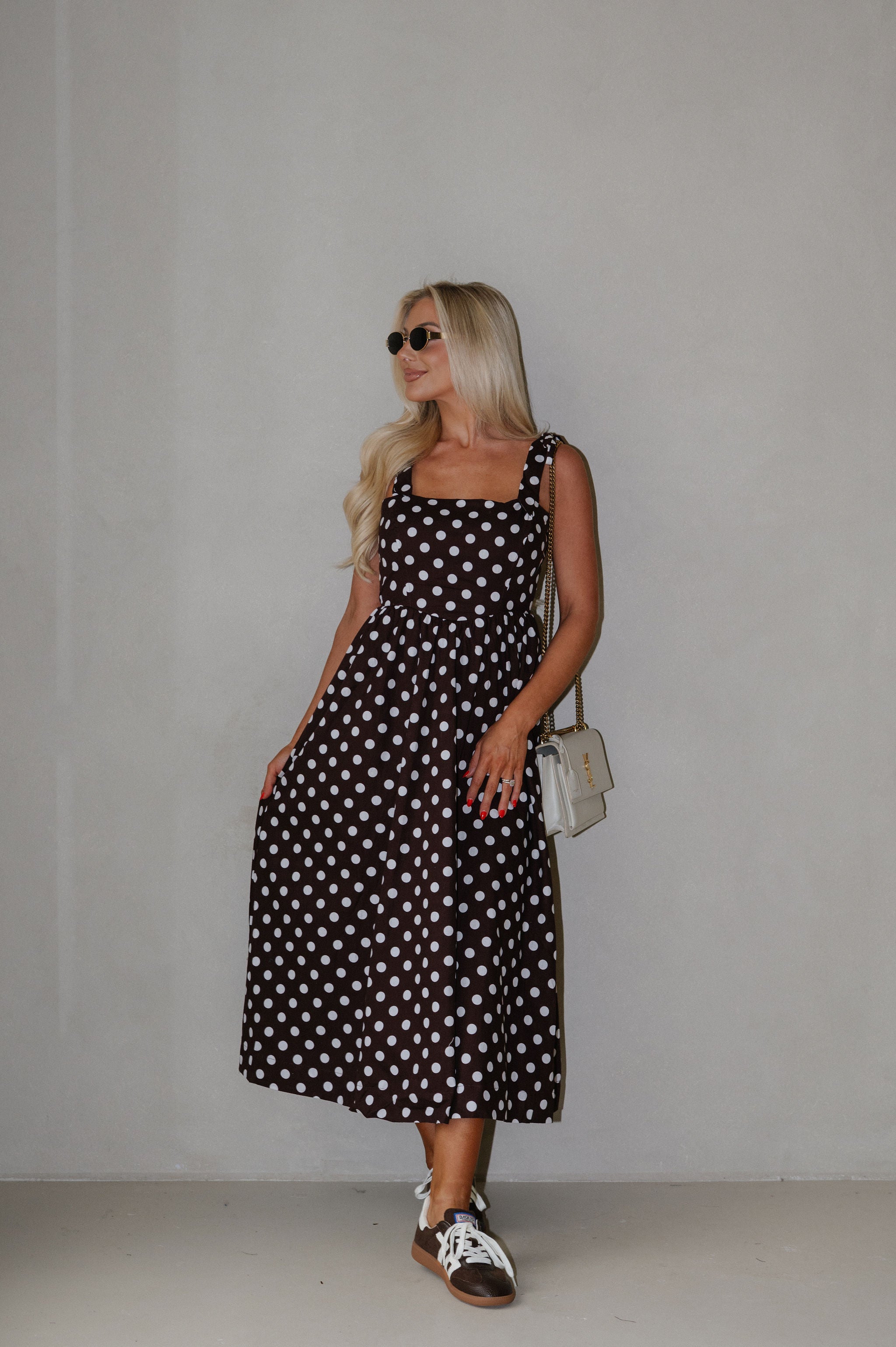 Serena Polka Dot Midi Dress-Brown