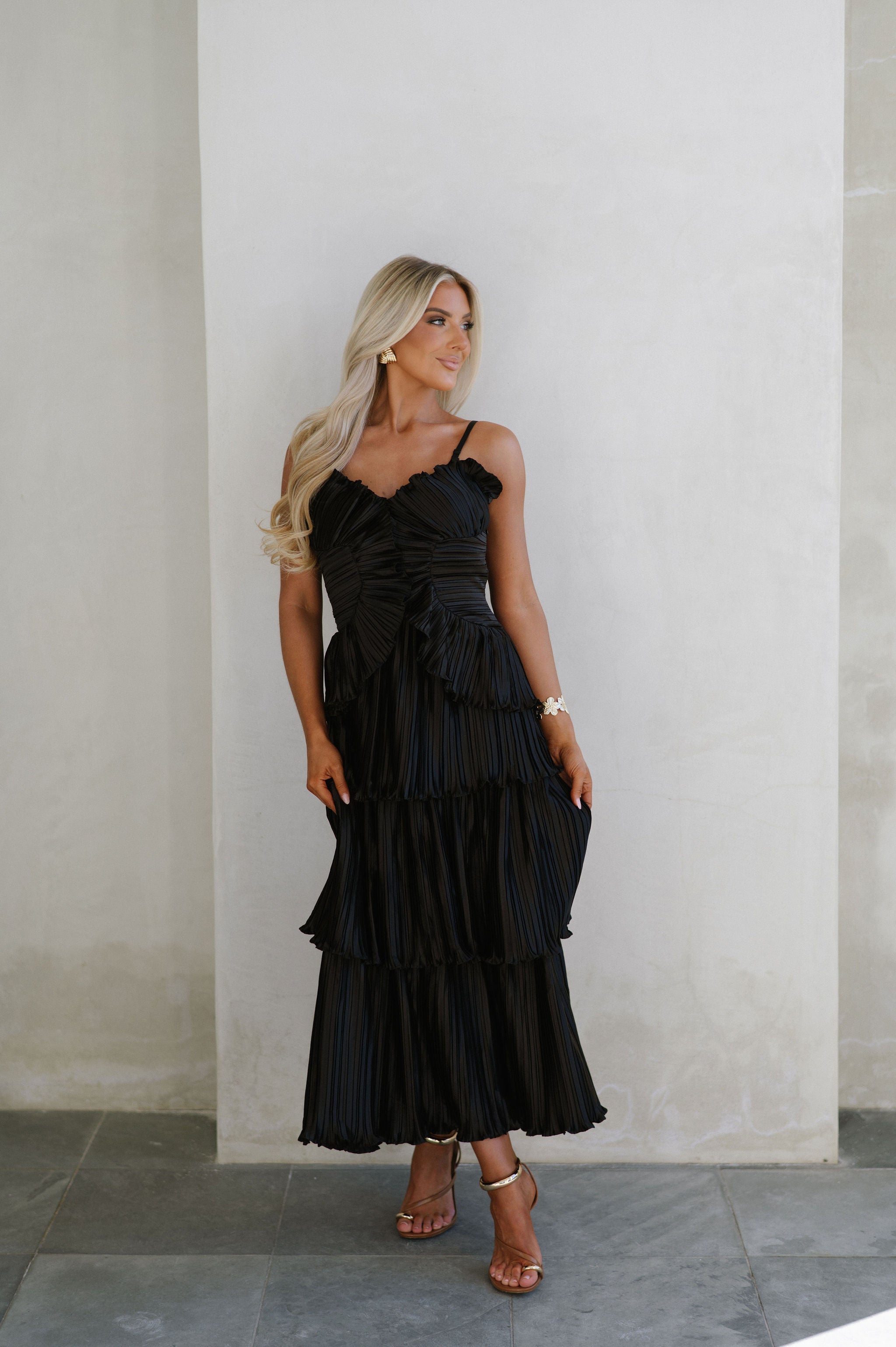 Pleated Satin Layered Midi Dress-Black