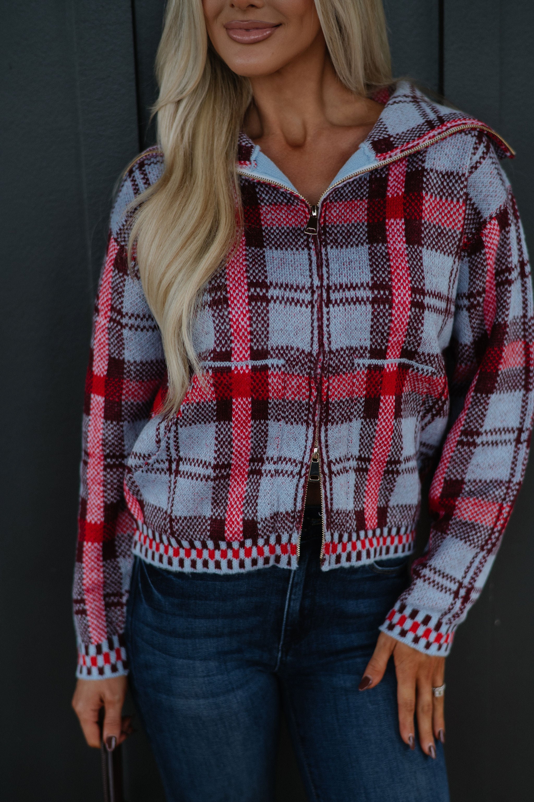 Plaid Knit Zip Sweater-Blue Multi