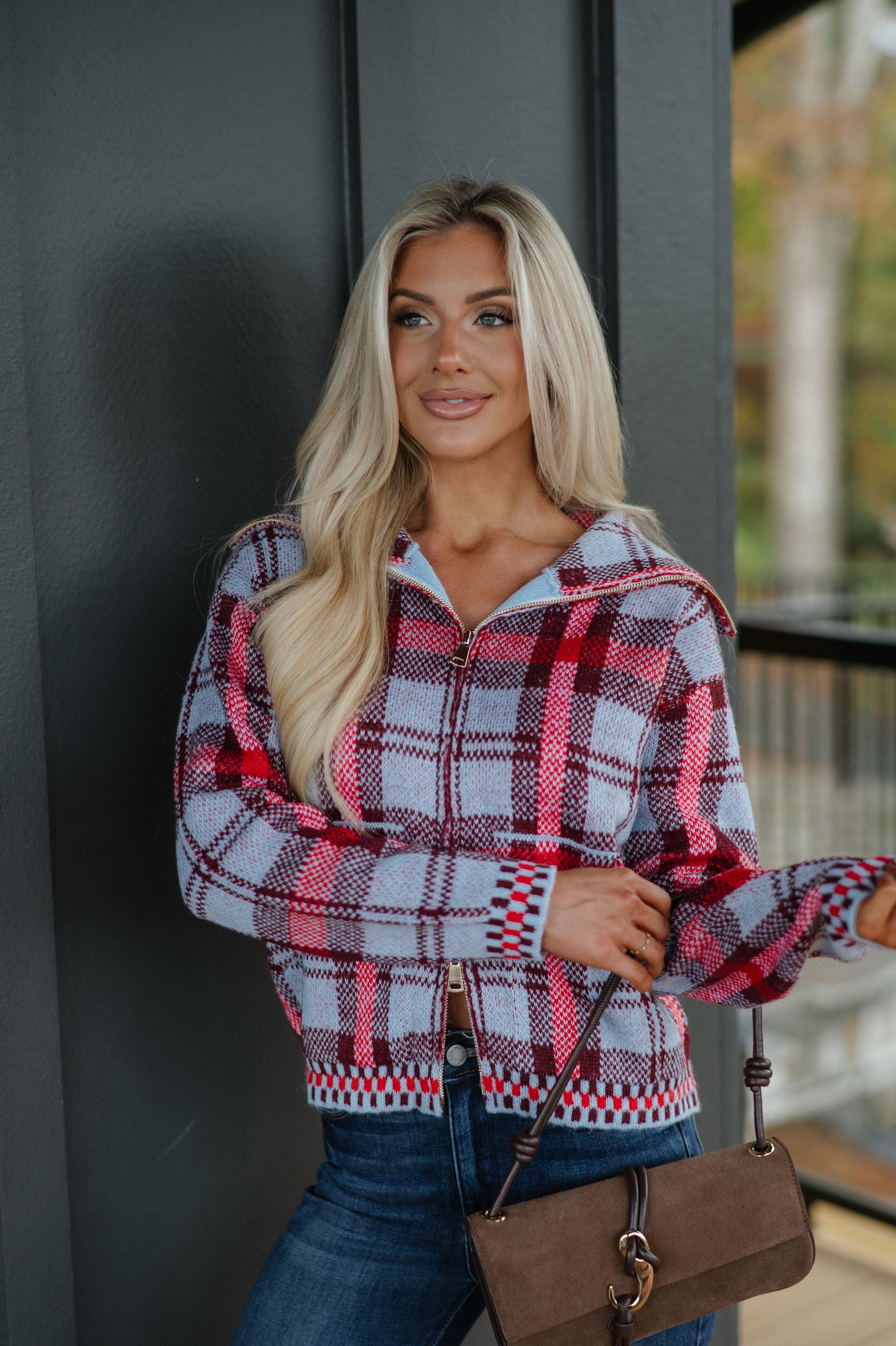 Plaid Knit Zip Sweater-Blue Multi