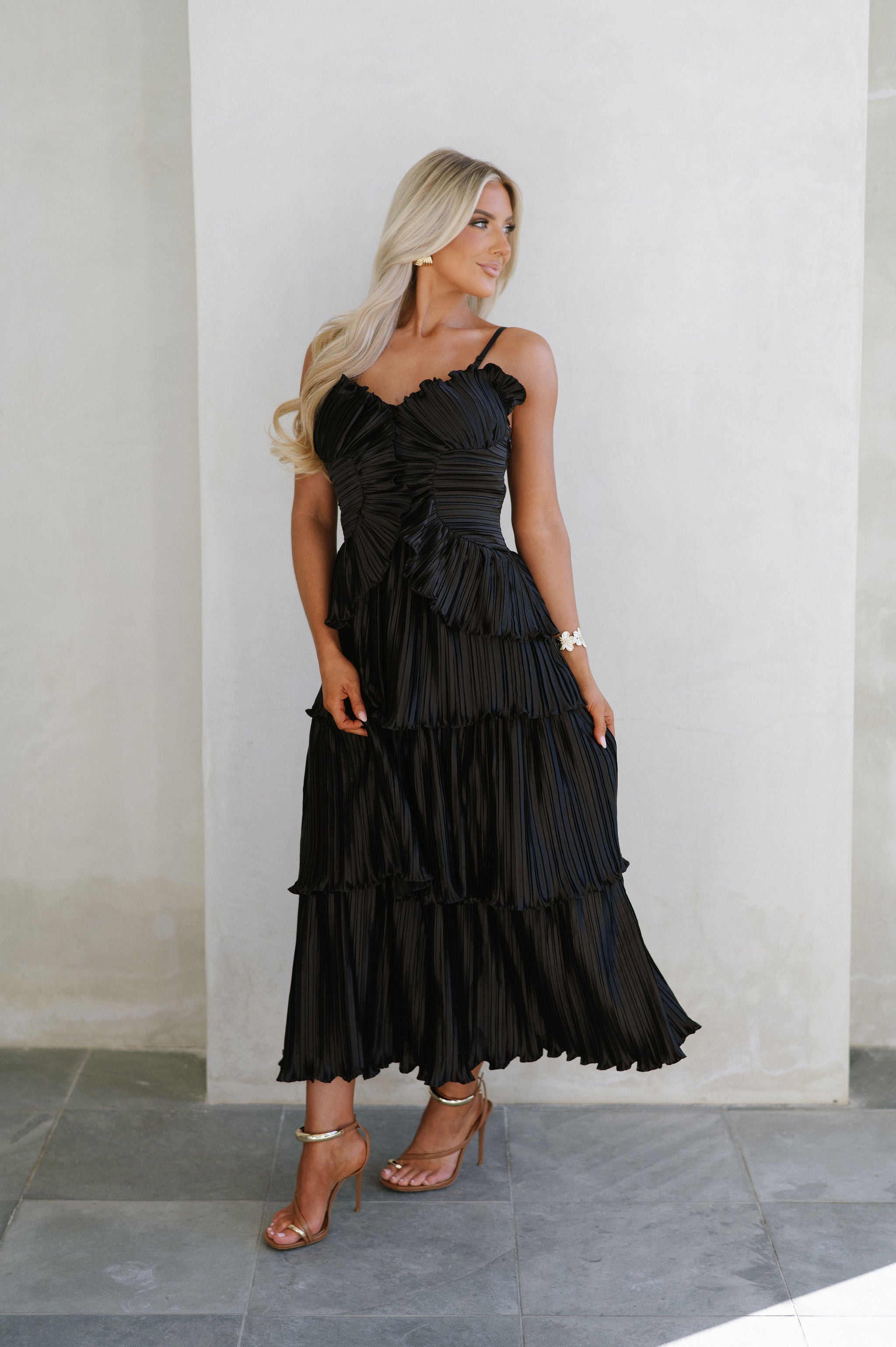 Pleated Satin Layered Midi Dress-Black