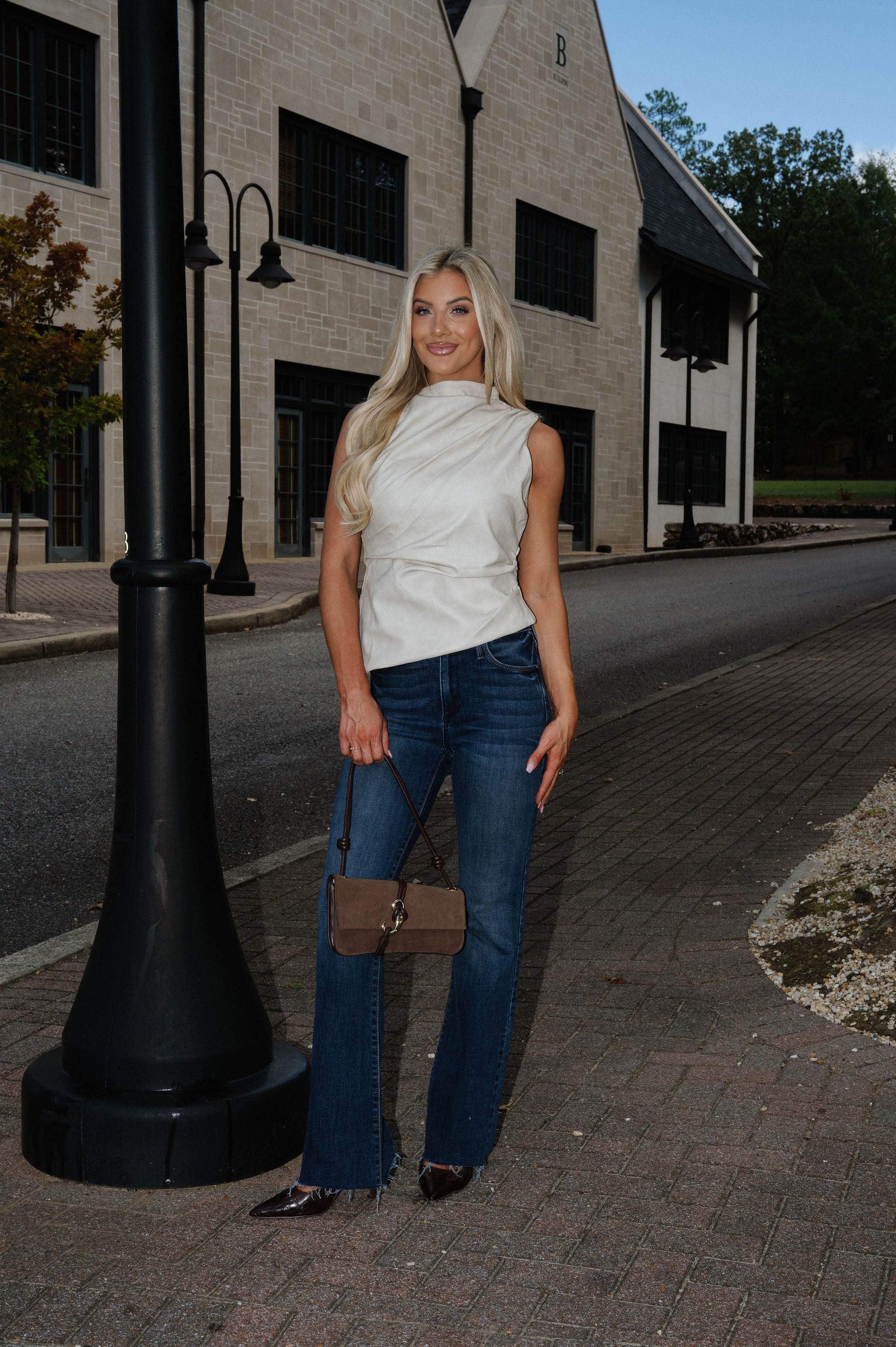 Distressed Asymmetrical Leather Top-Beige