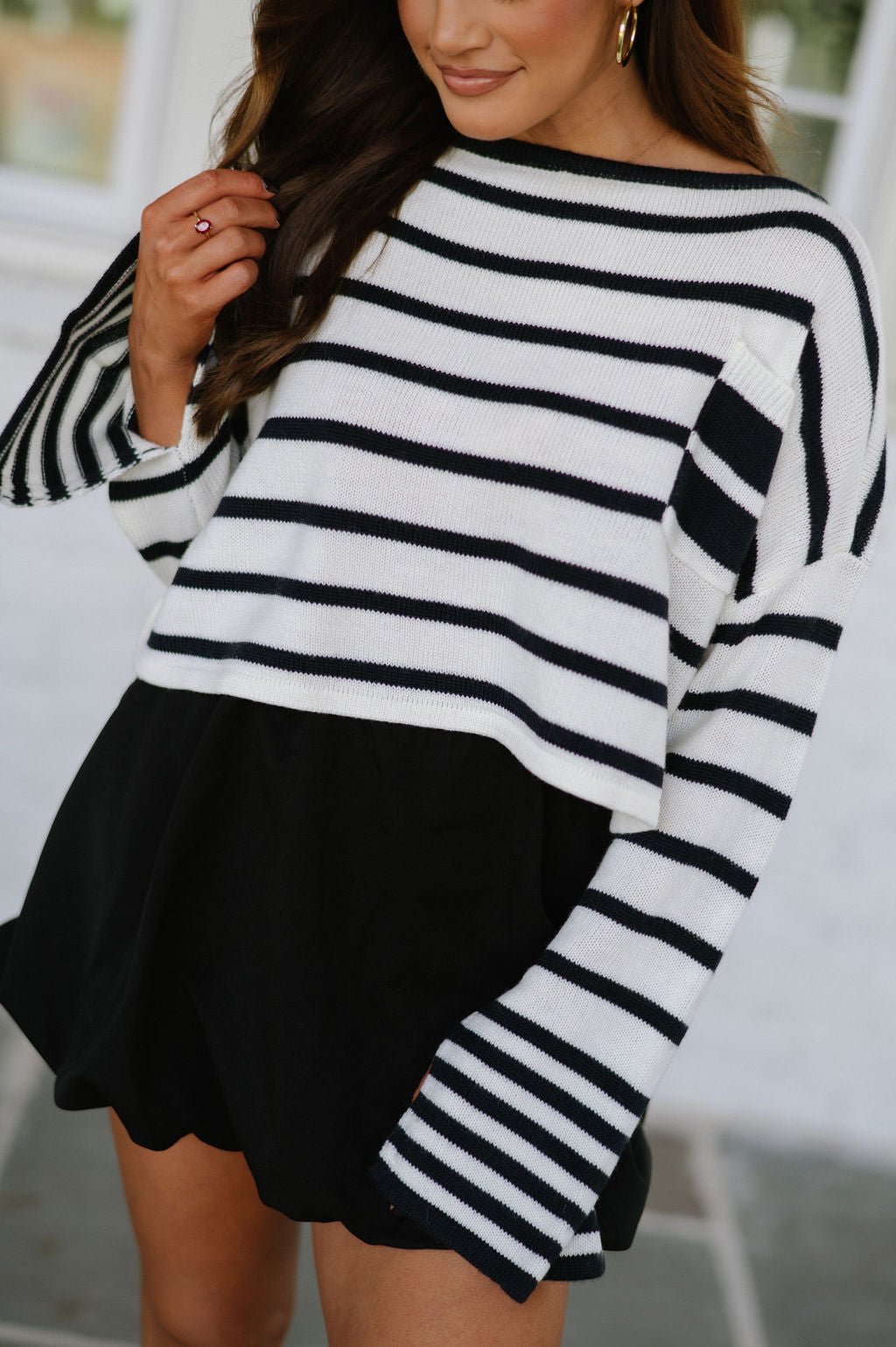 Striped Pocketed Sweater-Ivory/Navy