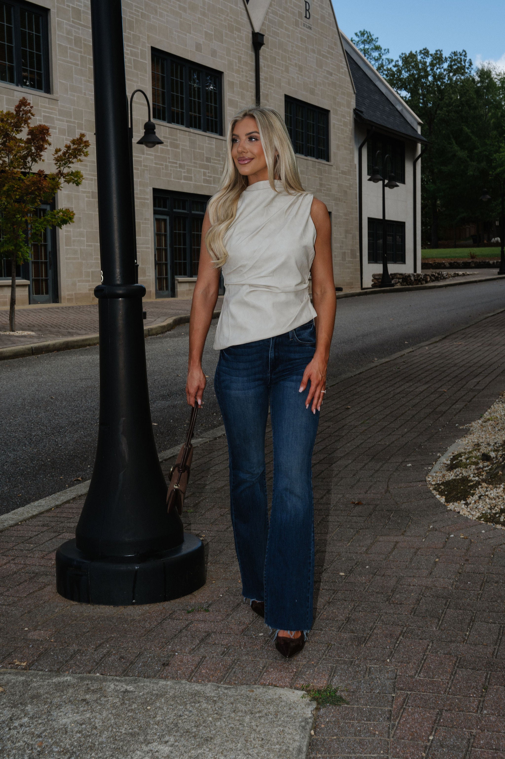 Distressed Asymmetrical Leather Top-Beige