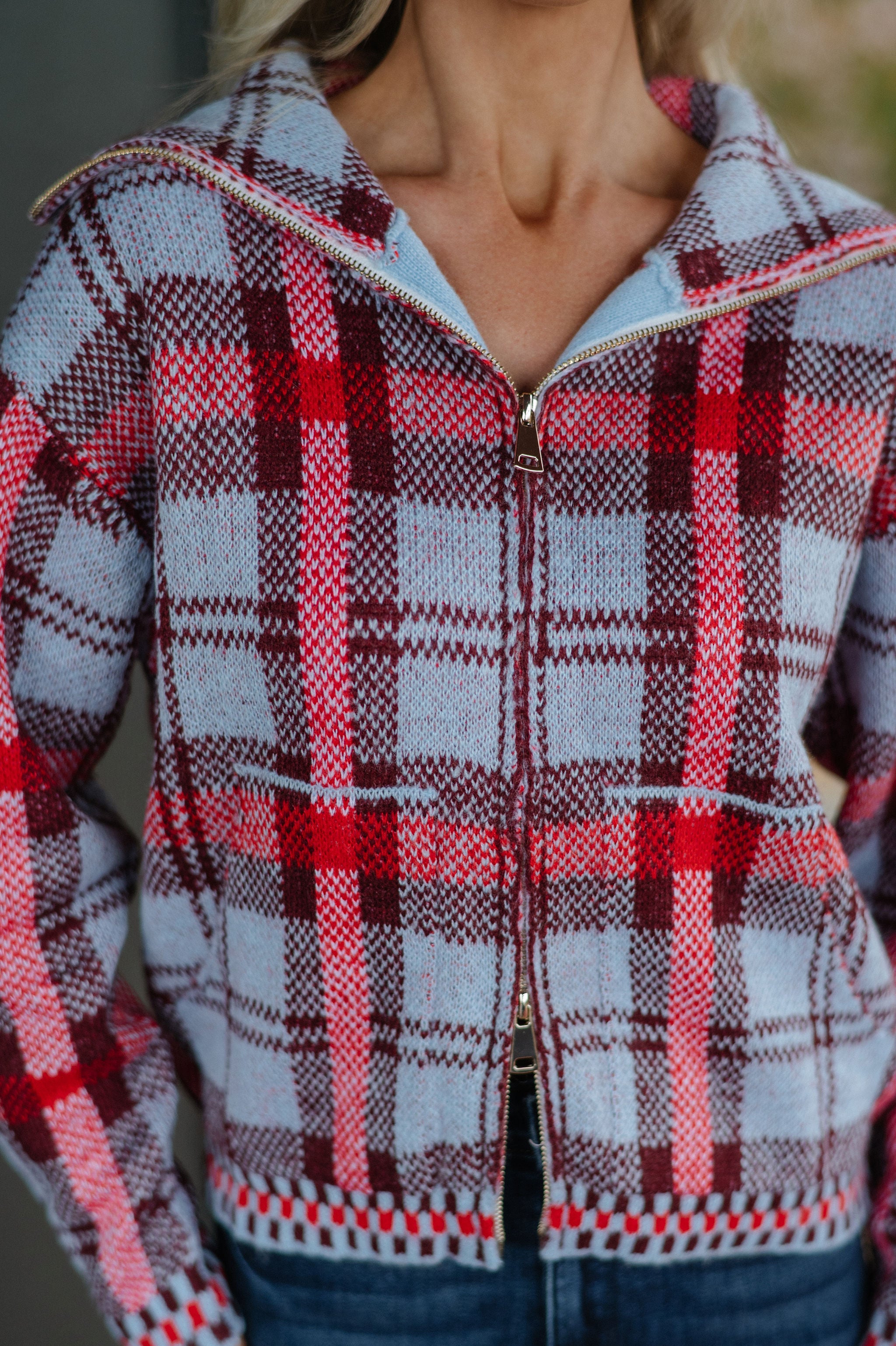 Plaid Knit Zip Sweater-Blue Multi