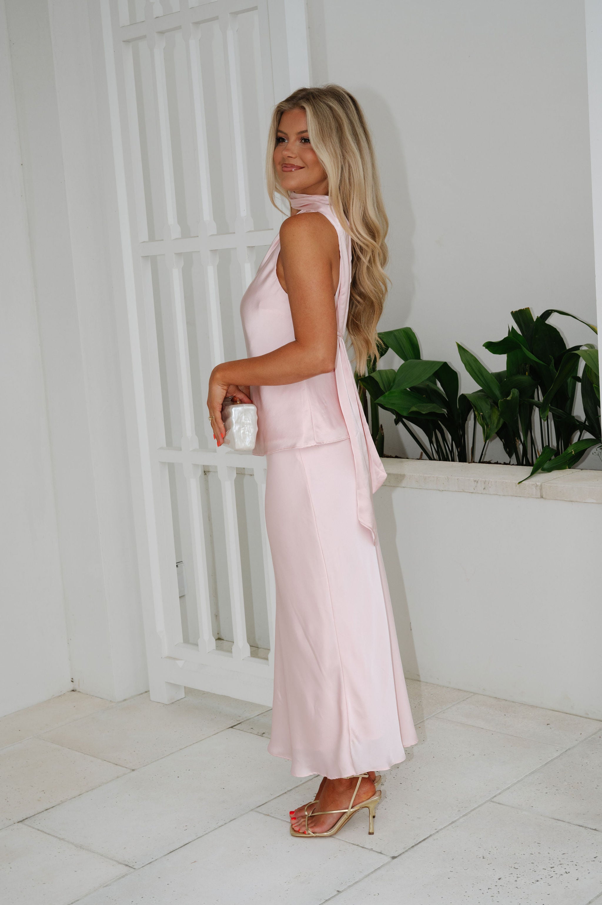Scarf Accent Satin Maxi Skirt Set-Baby Pink