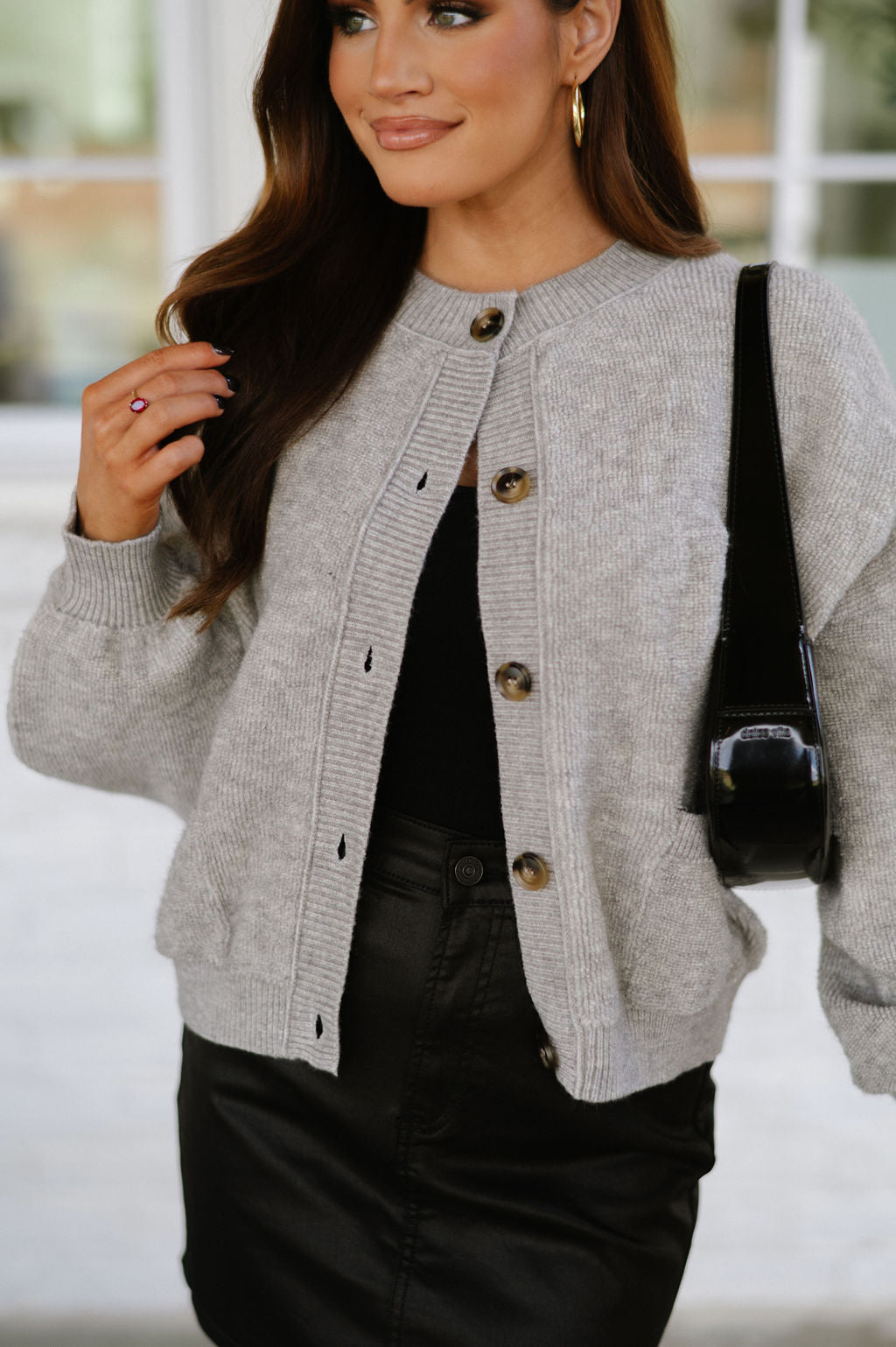 Button Down Boucle Sweater-Heather Grey