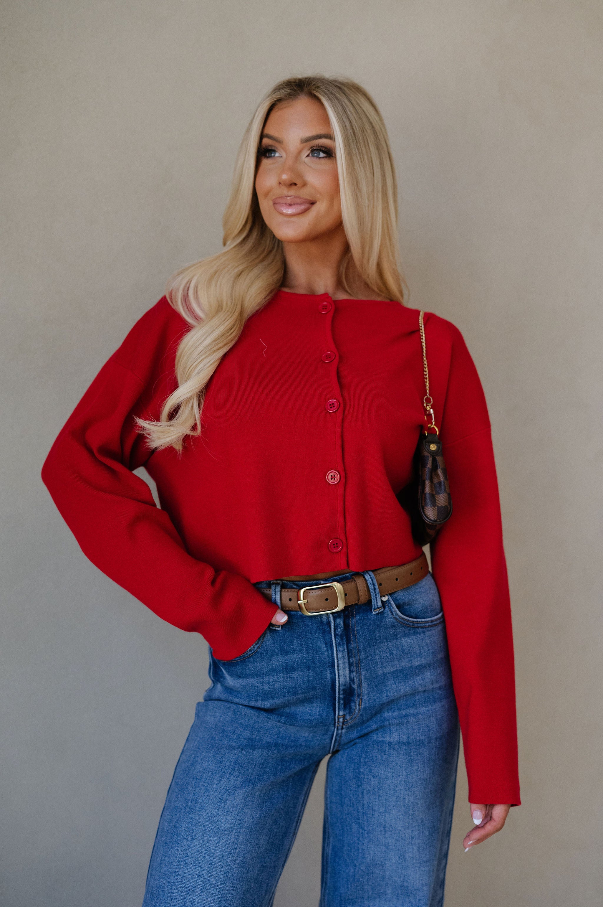 Round Neck Sweater Cardigan-Red