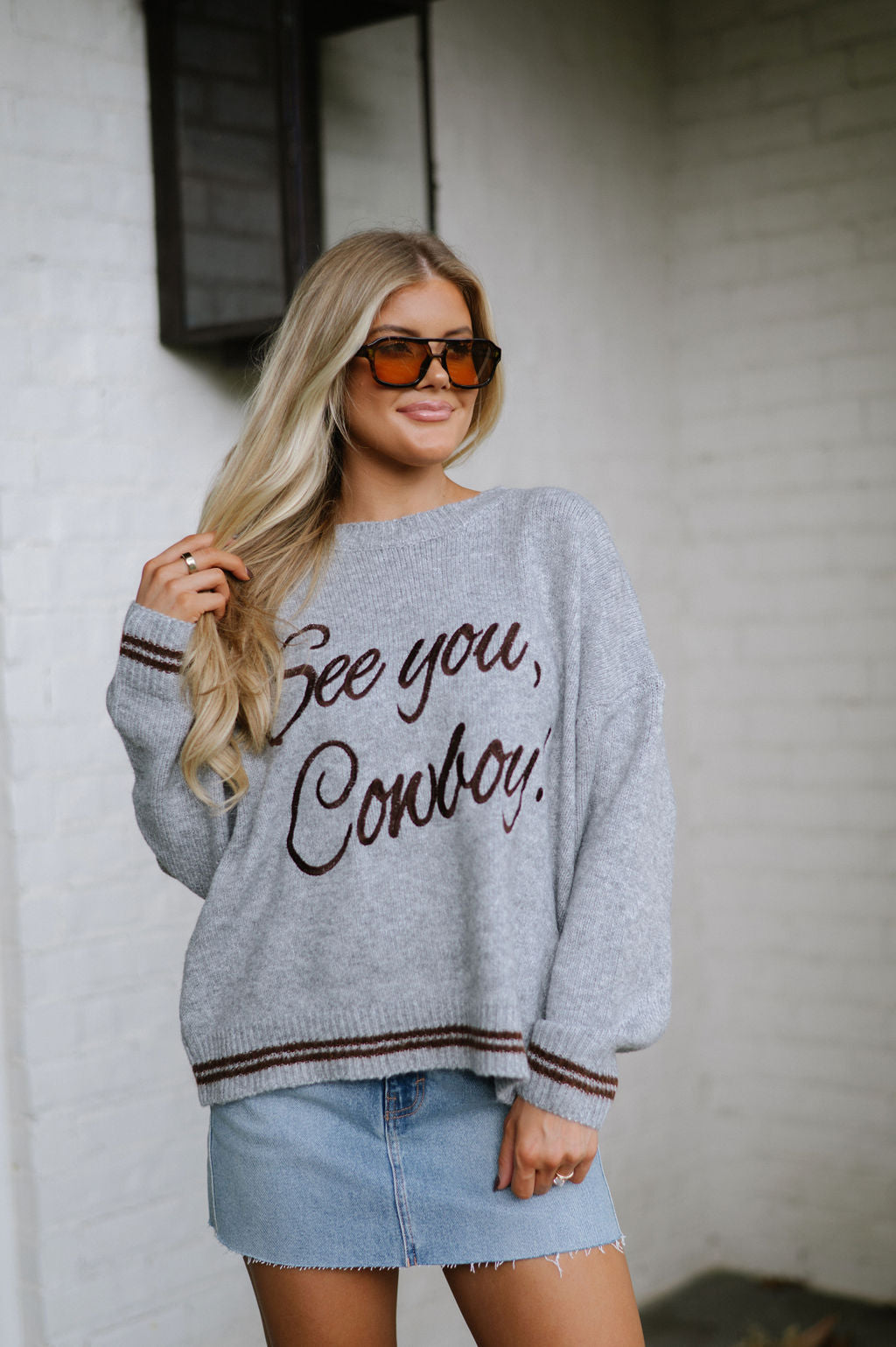 "See You Cowboy" Pullover Sweater-Heather Grey