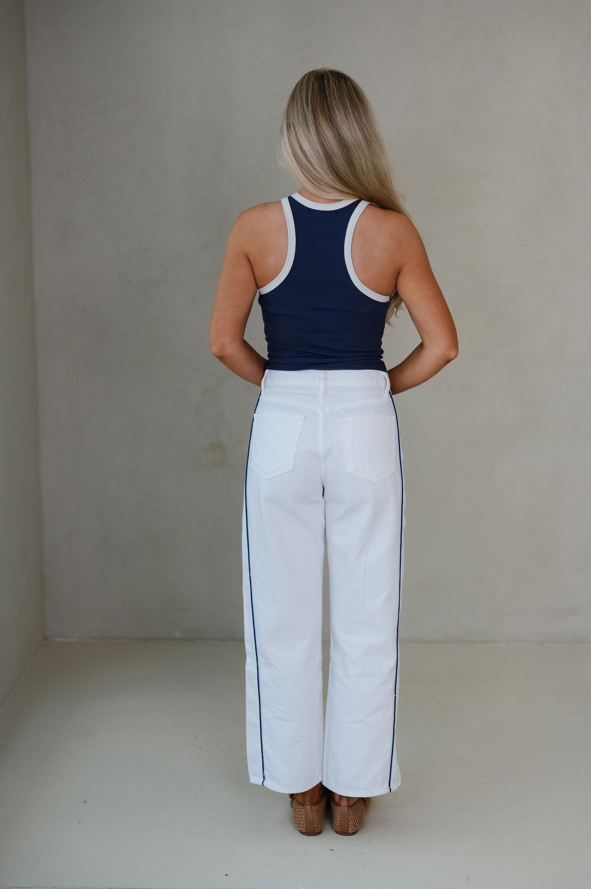 Hana Contrast Trim Tank Top-Navy/Ecru