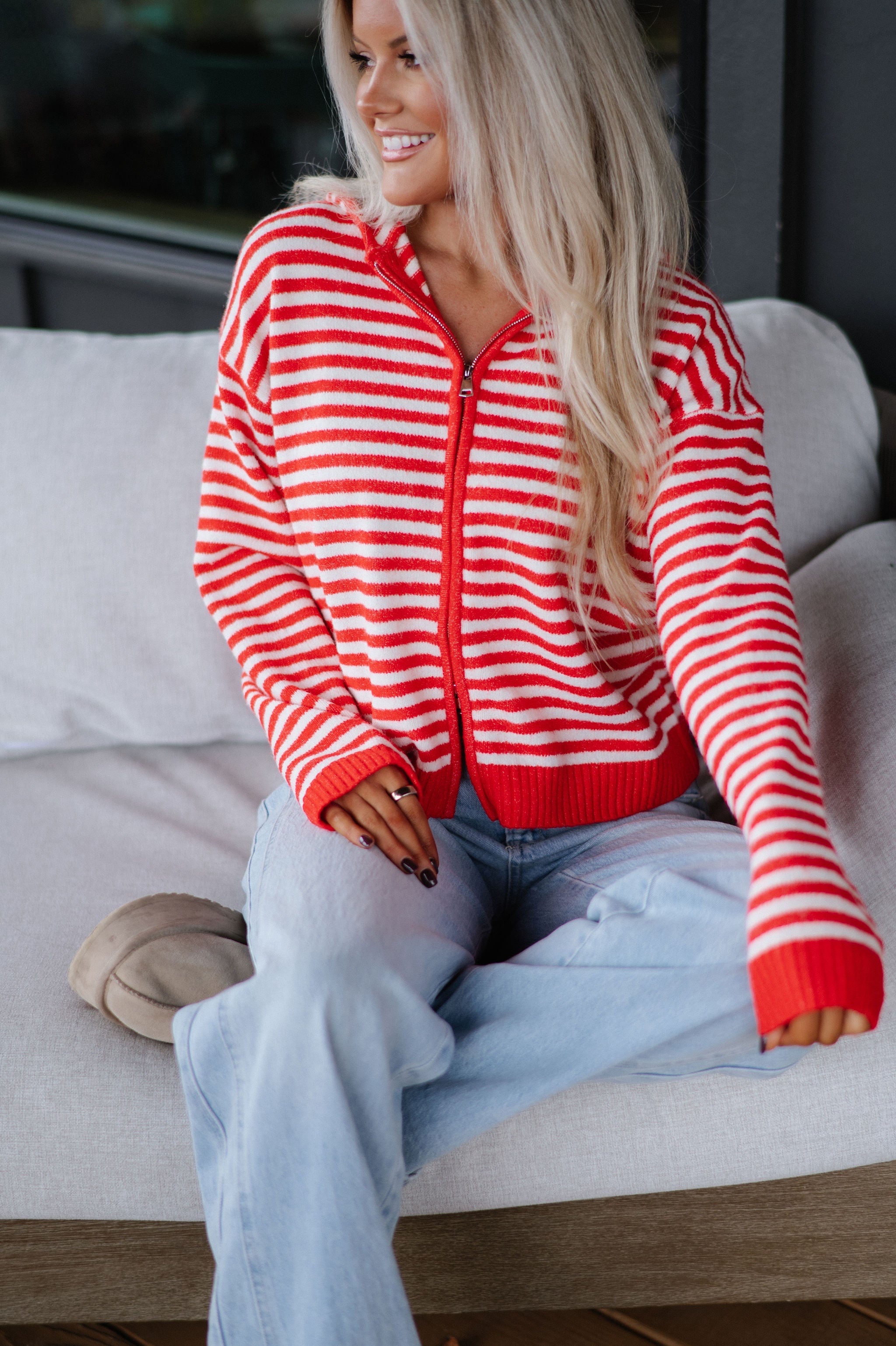 Callie Striped Hoodie-Red