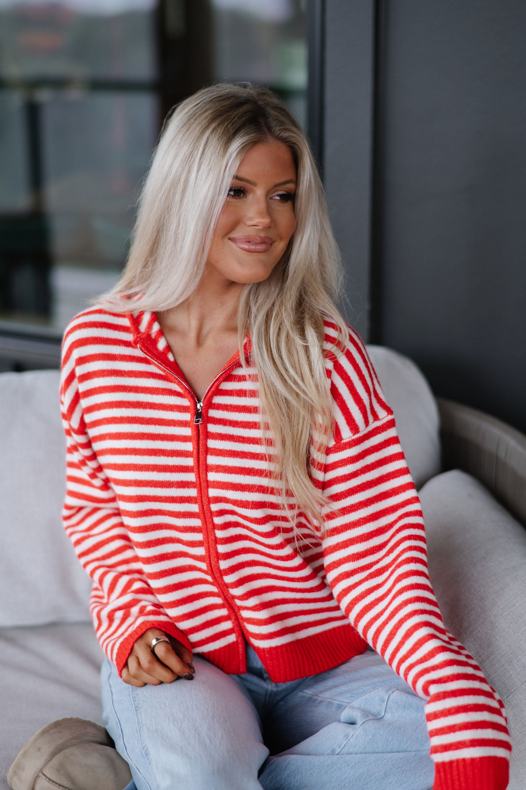 Callie Striped Hoodie-Red