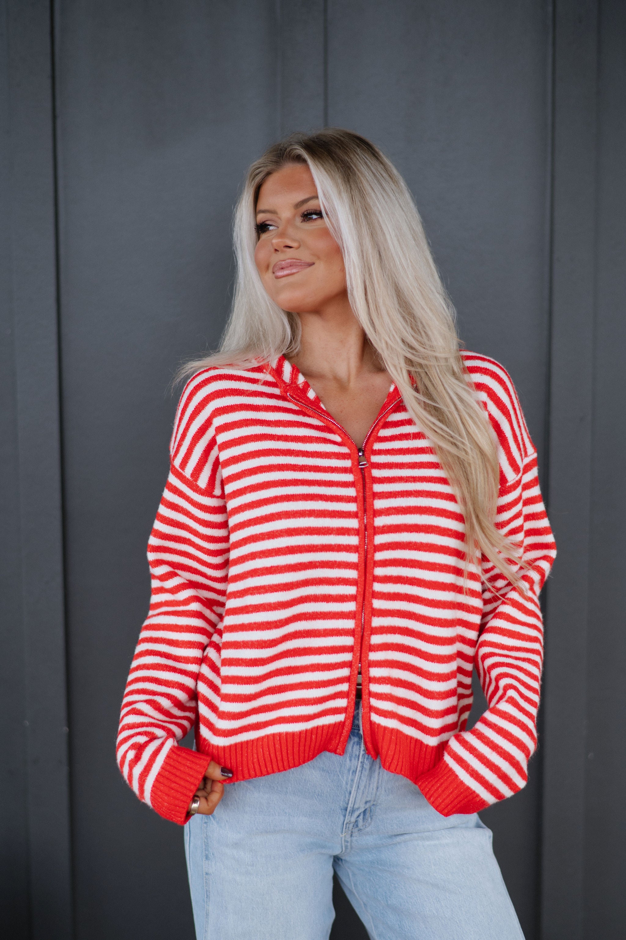 Callie Striped Hoodie-Red