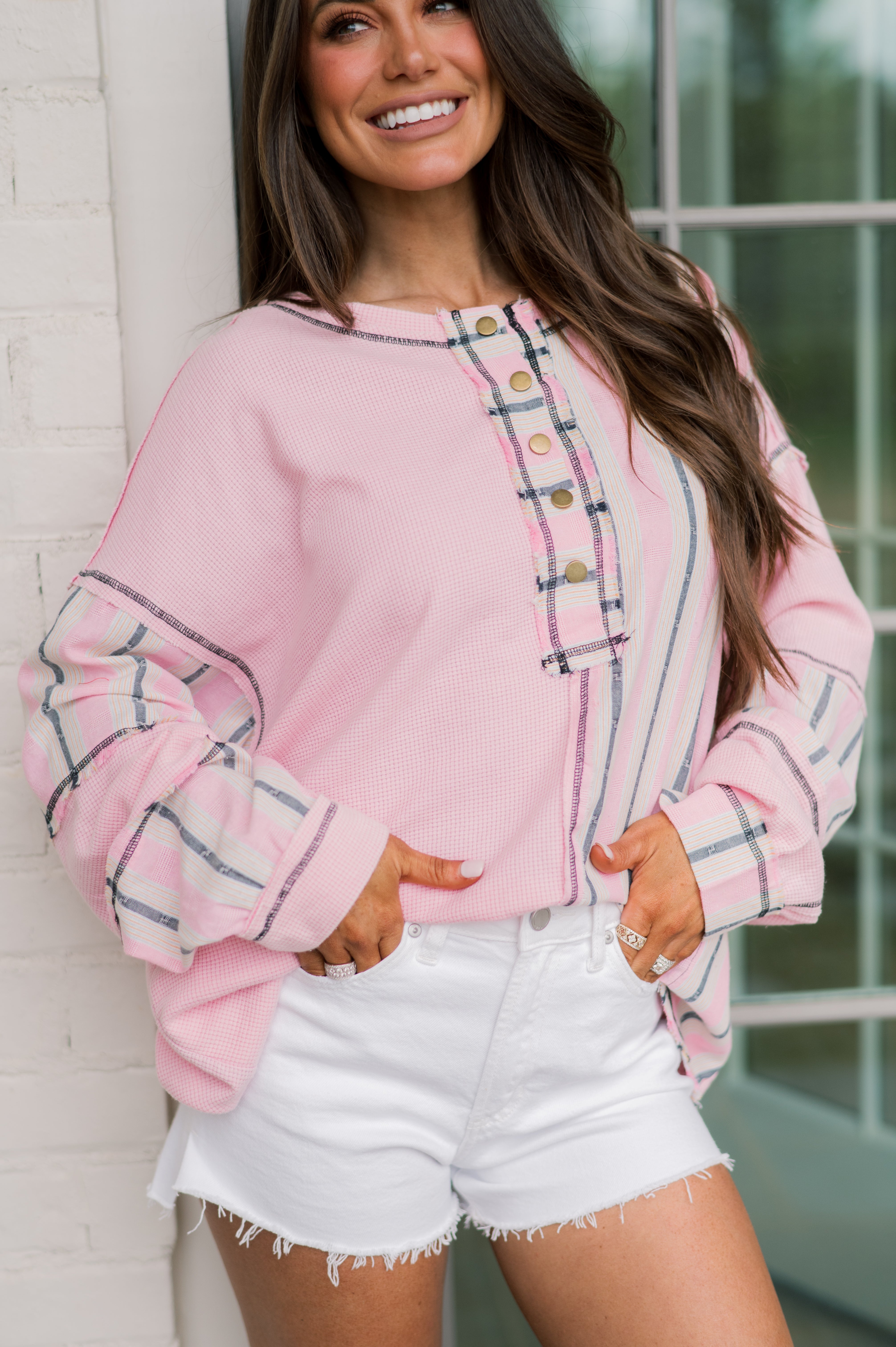 Darcy Contrast Striped Henley- Pink