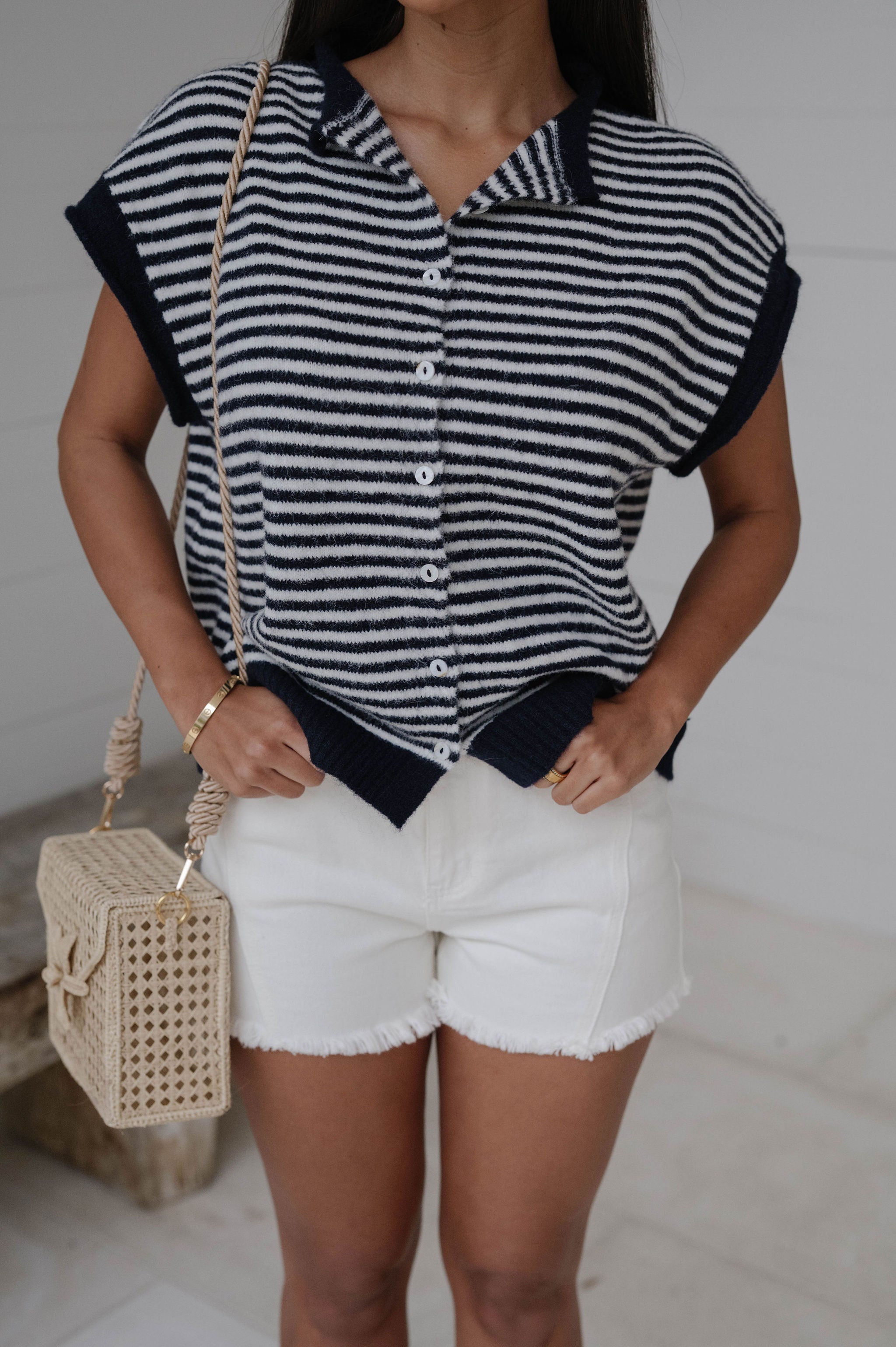 Striped Piper Vest Cardigan-Navy