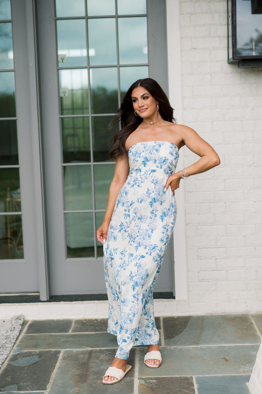 Mills Floral Print Dress- Blue/Cream