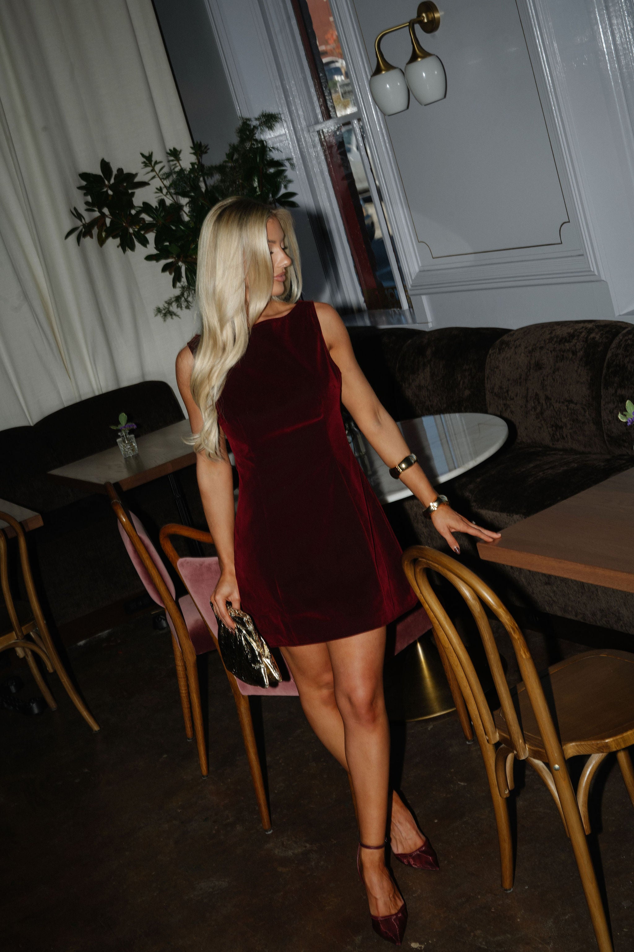 Karmen Velvet Mini Dress-Burgundy