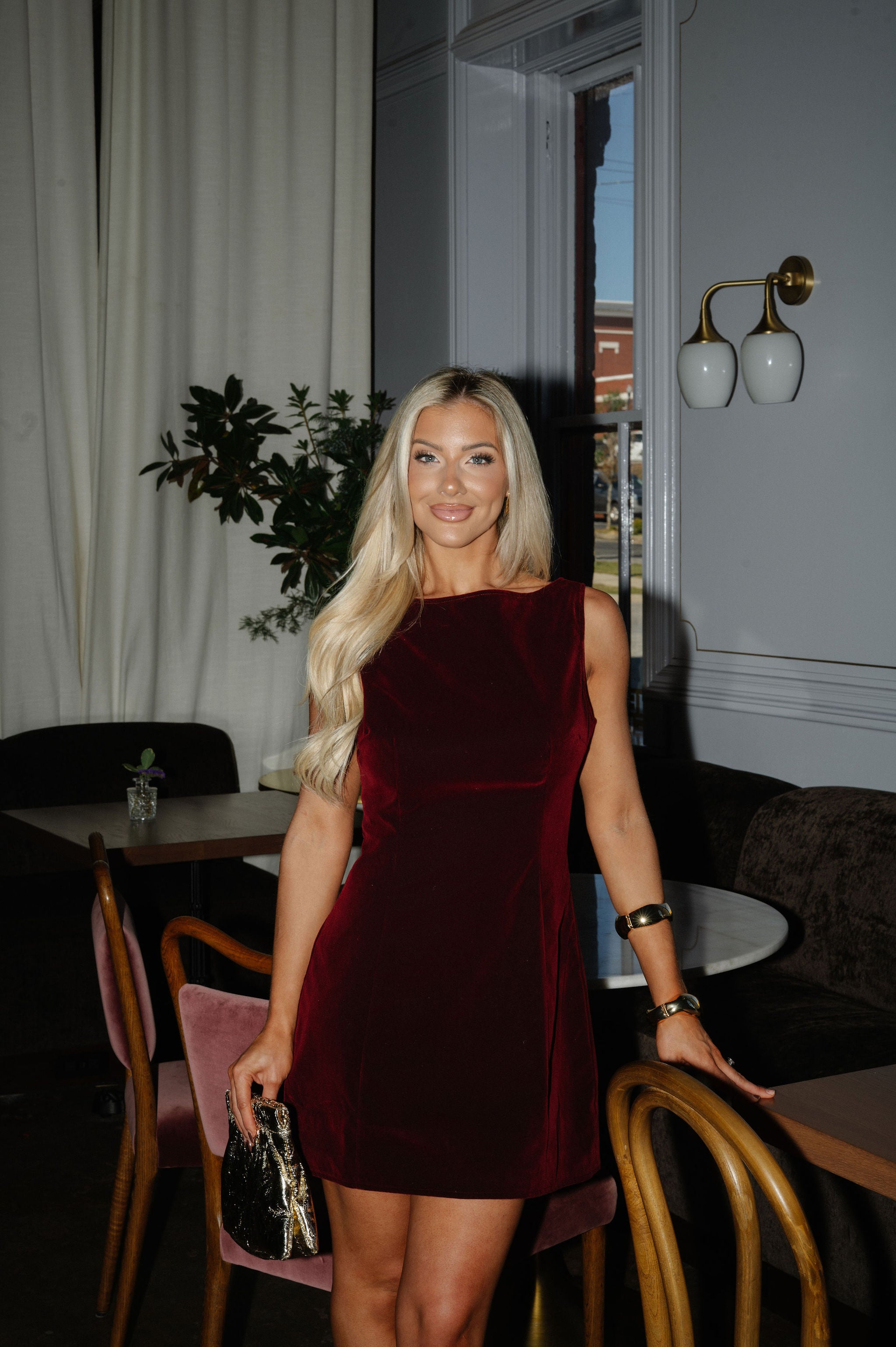 Karmen Velvet Mini Dress-Burgundy