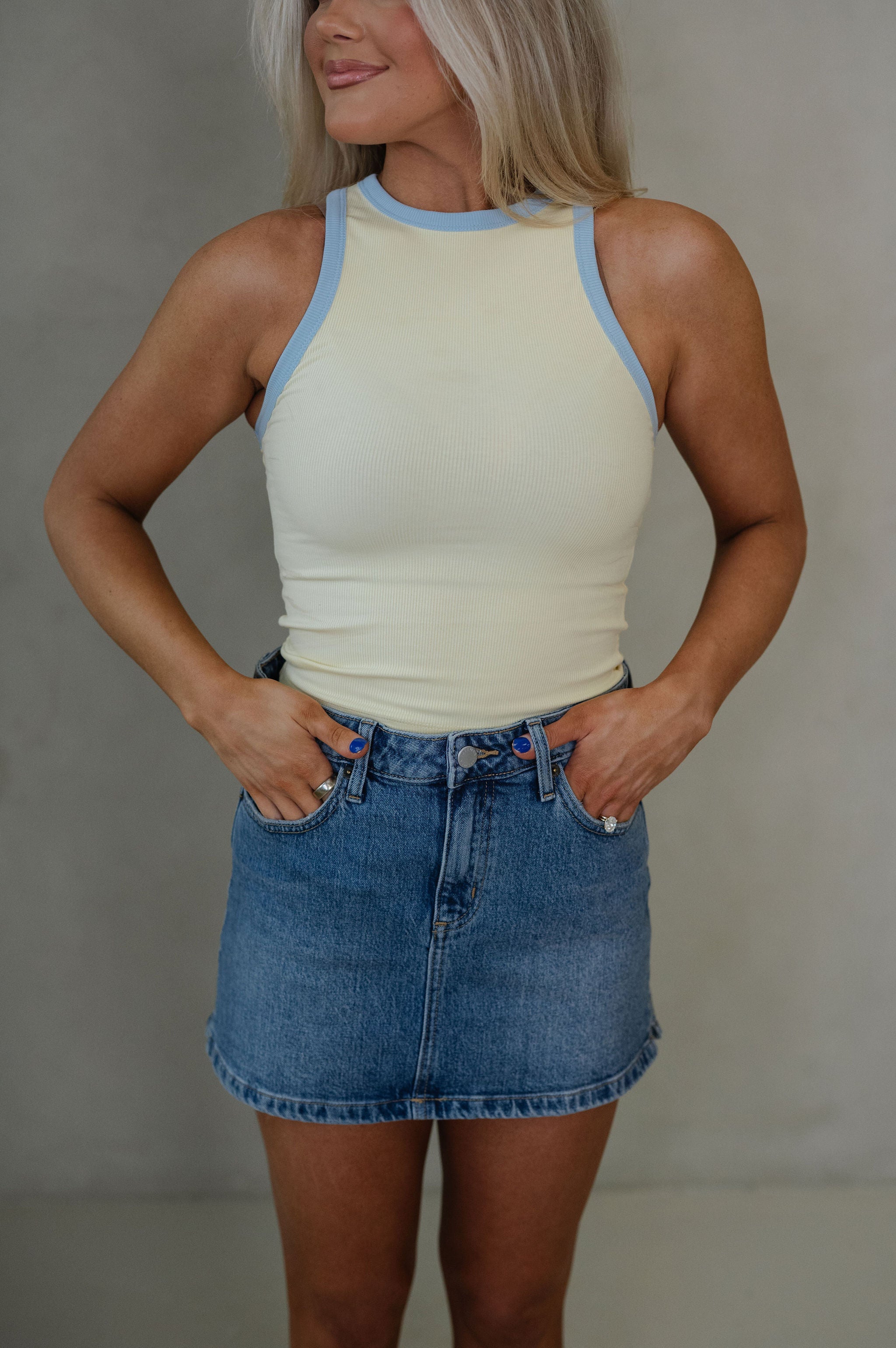 Hana Contrast Trim Tank Top-Butter/Light Blue
