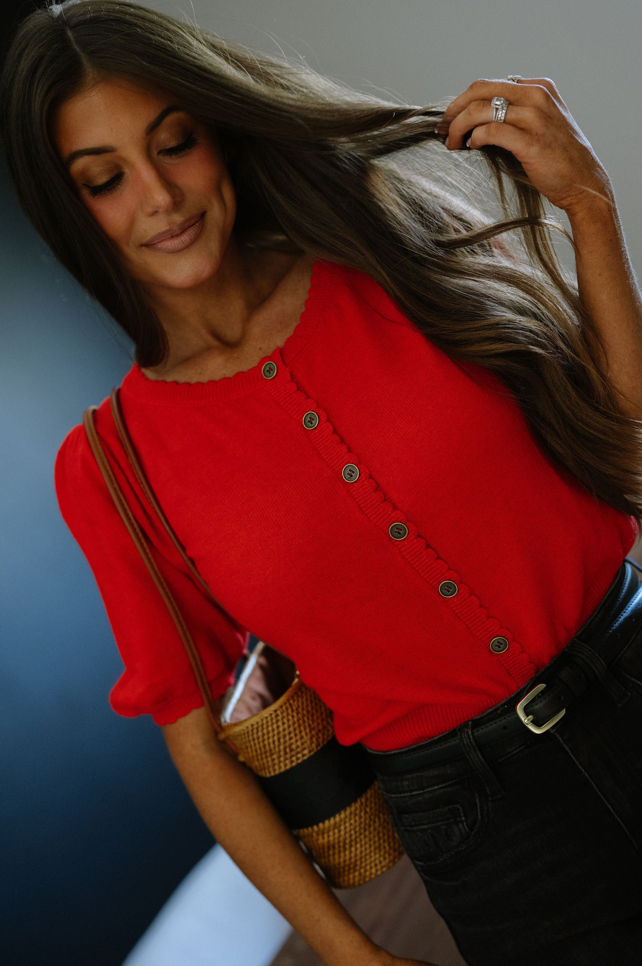 Puff Sleeve Knit Cardigan-Red