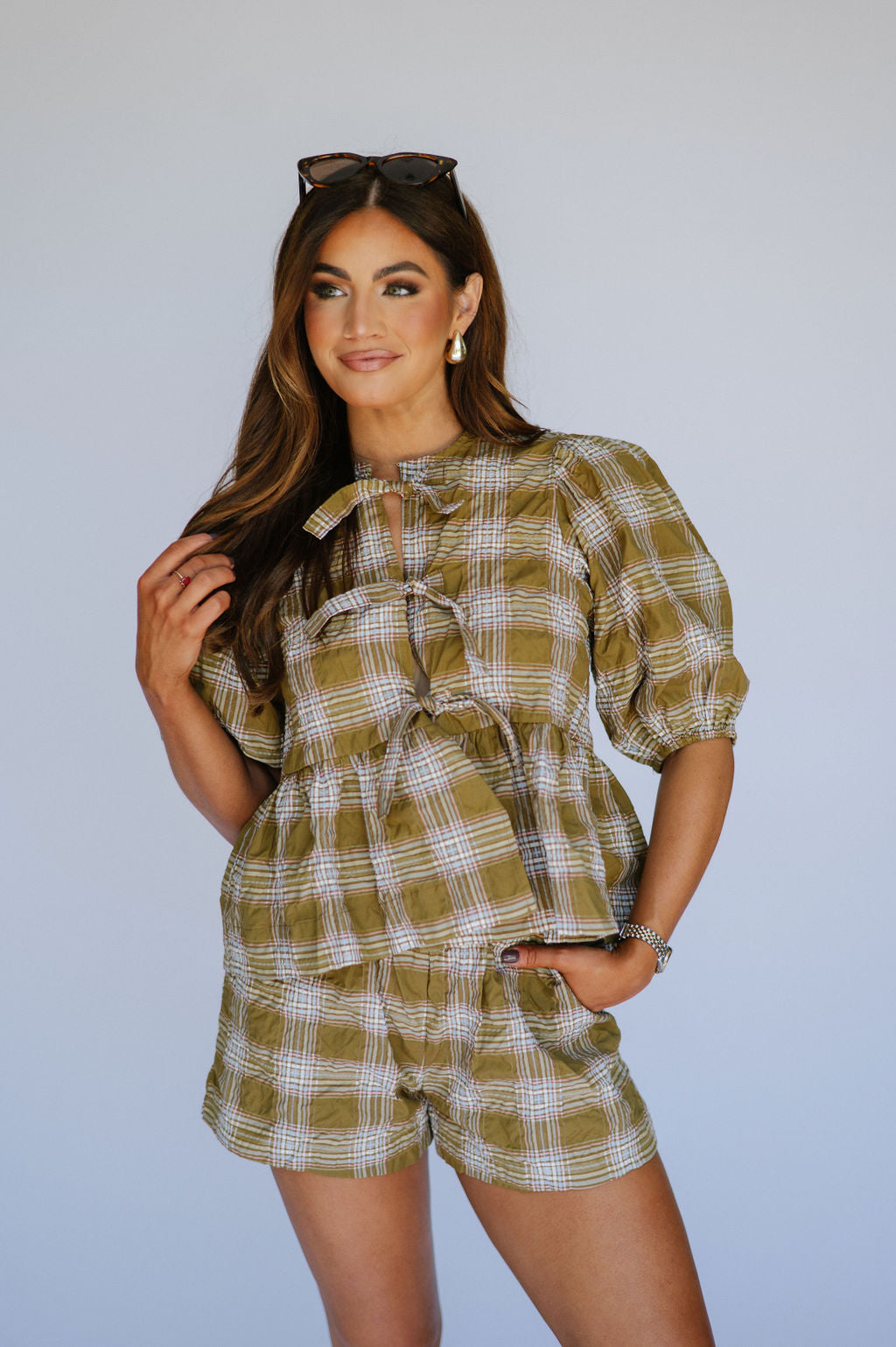 Plaid Shorts Set-Olive