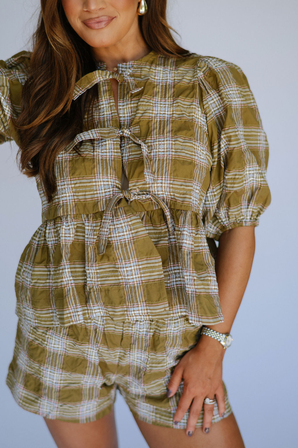 Plaid Shorts Set-Olive