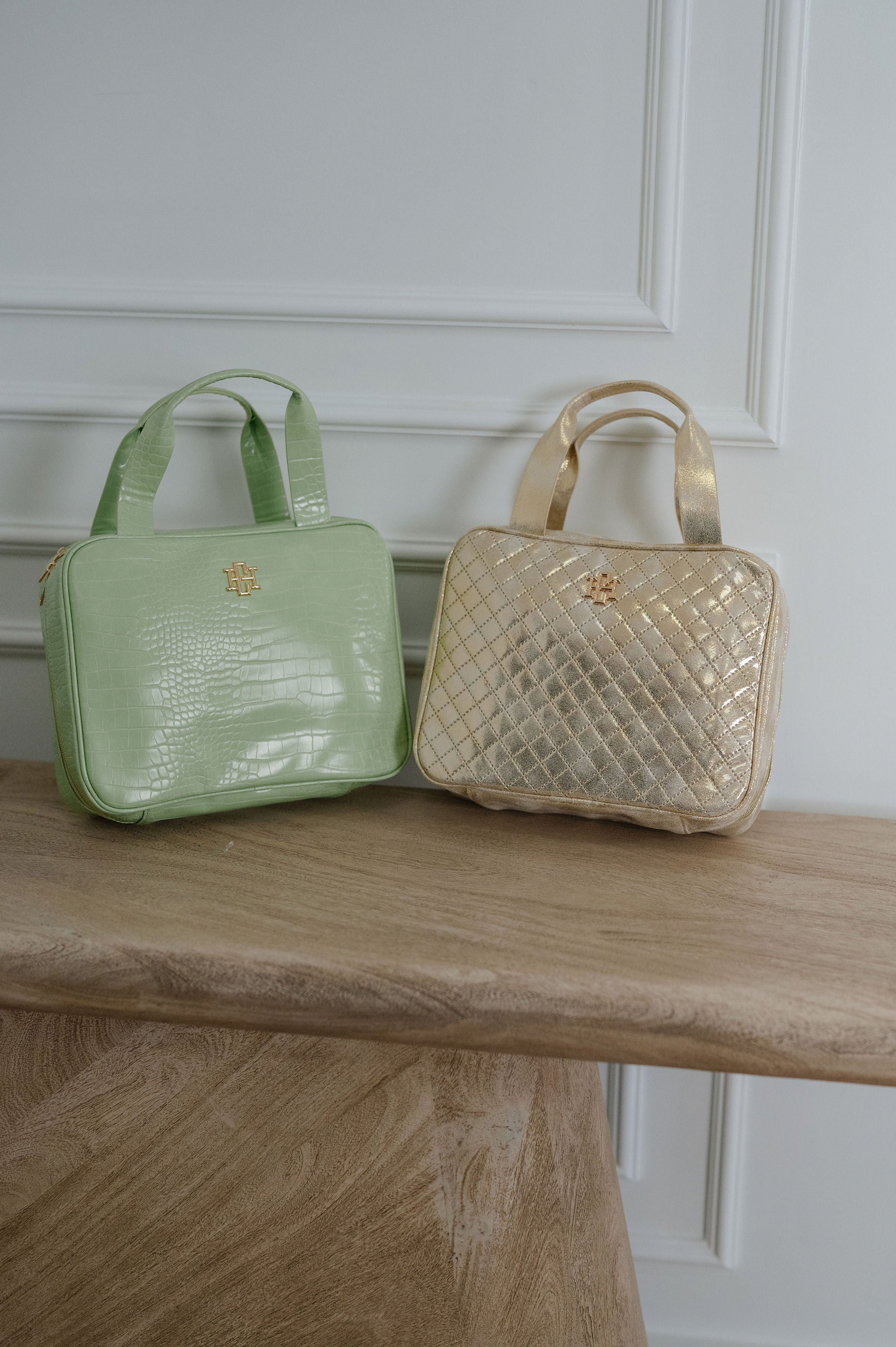 Patent Leather Quilted Makeup Bag- Champagne