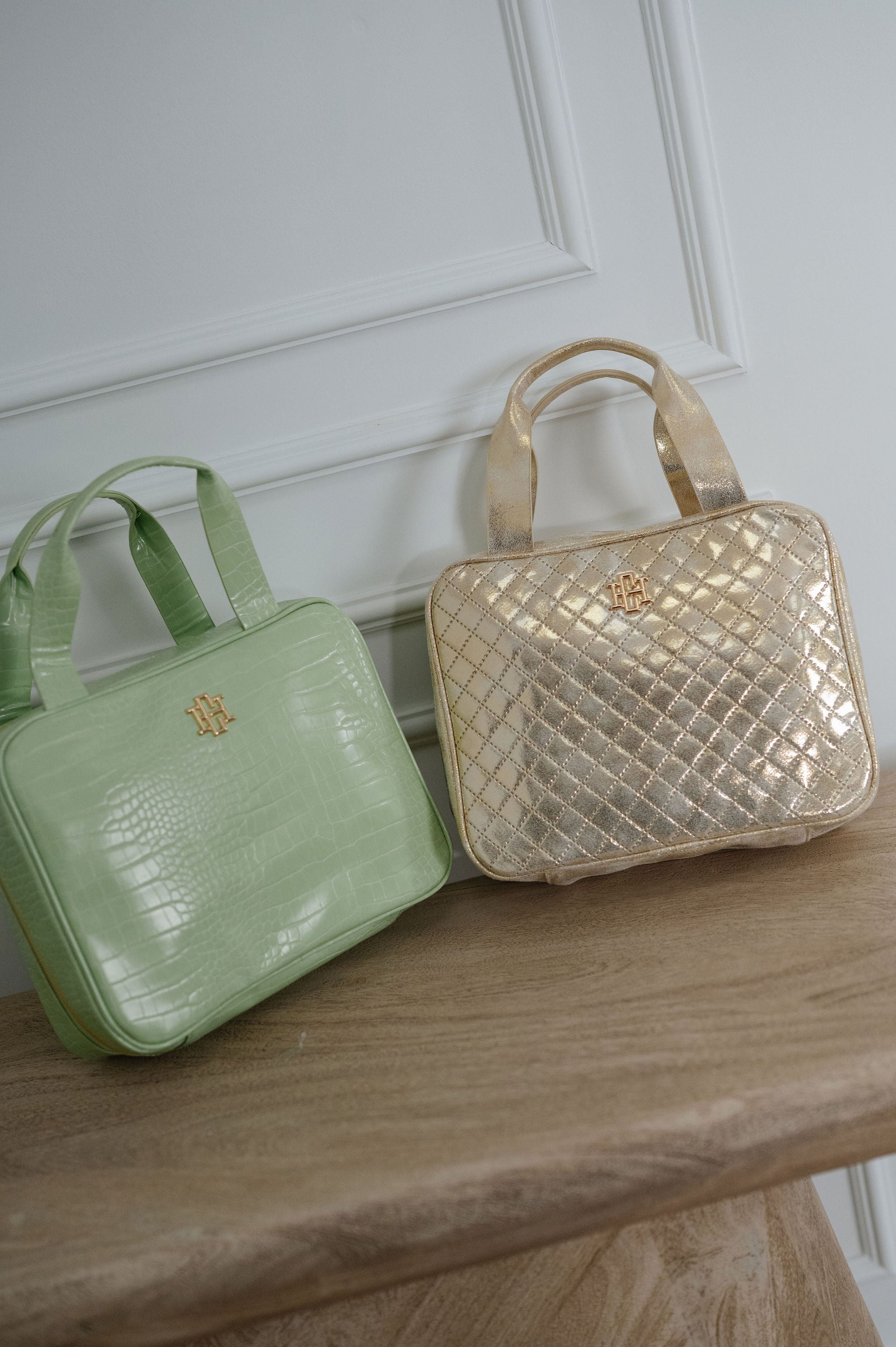 Patent Leather Quilted Makeup Bag- Champagne