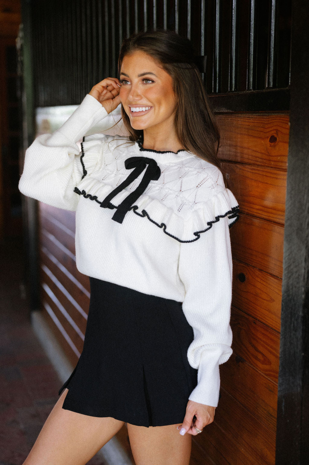 Ivy Bow Tie Knit Top-Cream