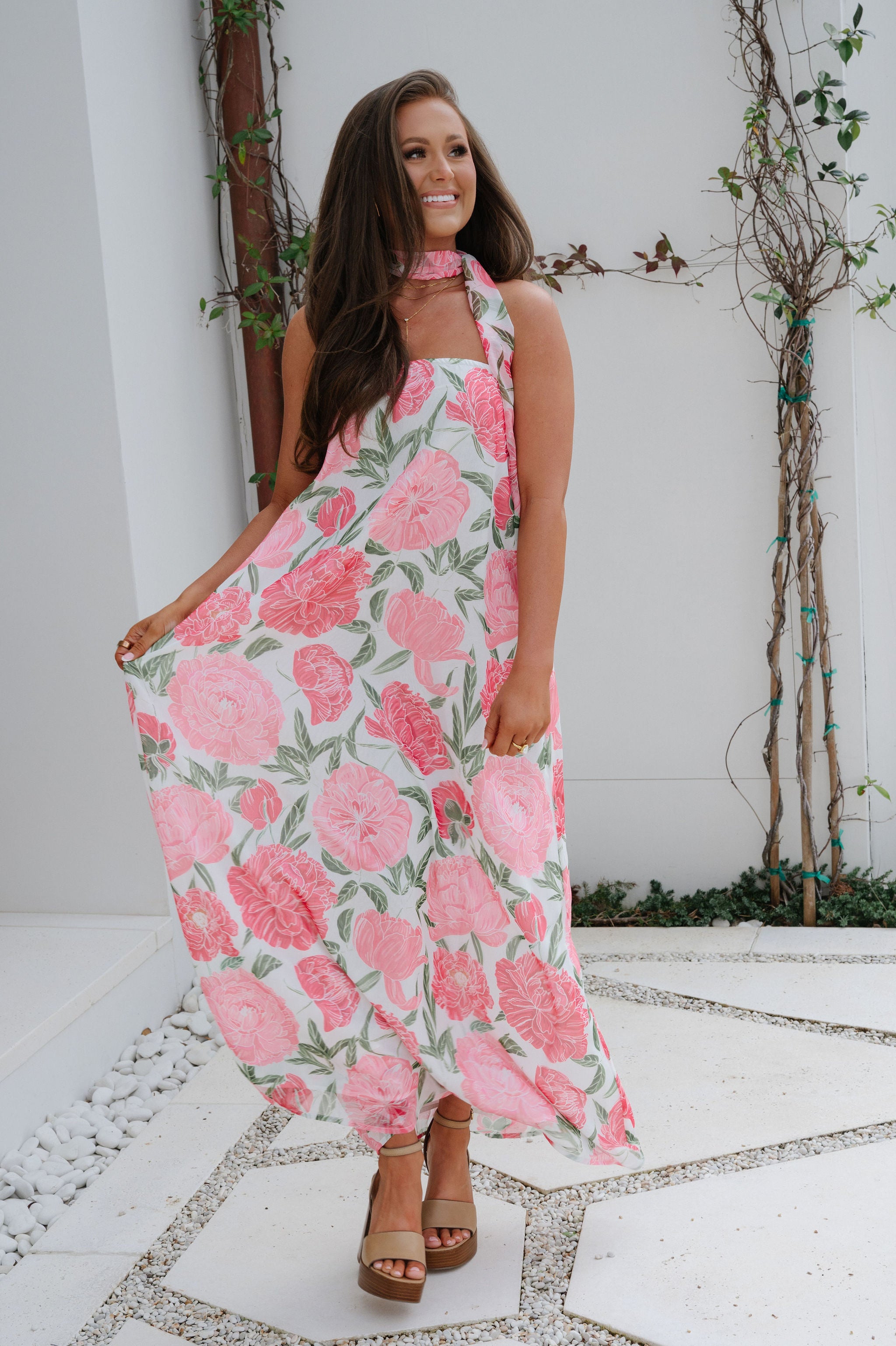 Sylvie Floral Scarf Maxi Dress-Pink