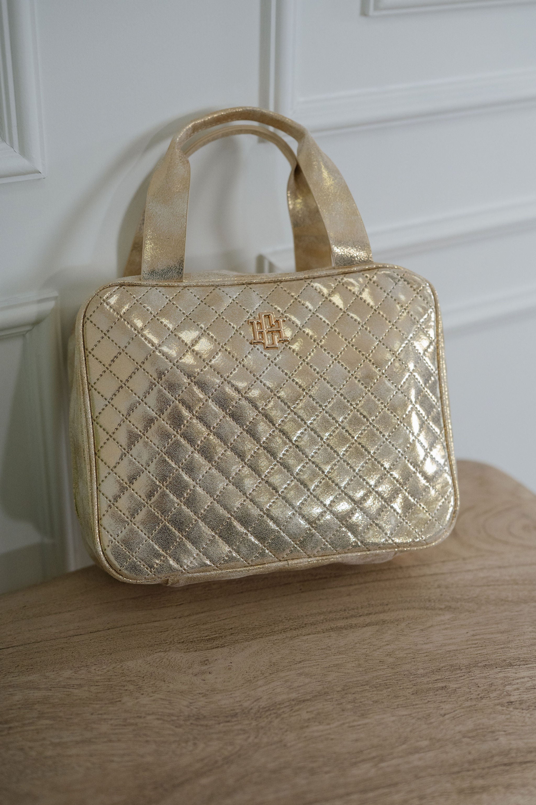 Patent Leather Quilted Makeup Bag- Champagne