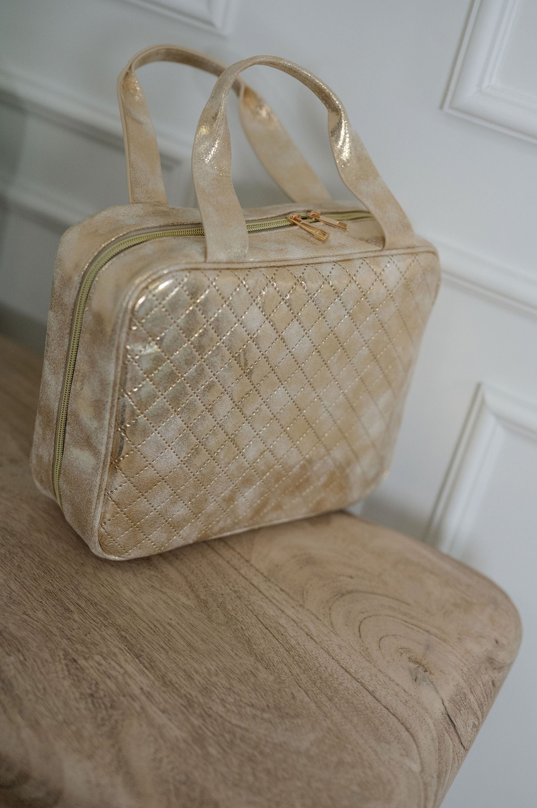 Patent Leather Quilted Makeup Bag- Champagne