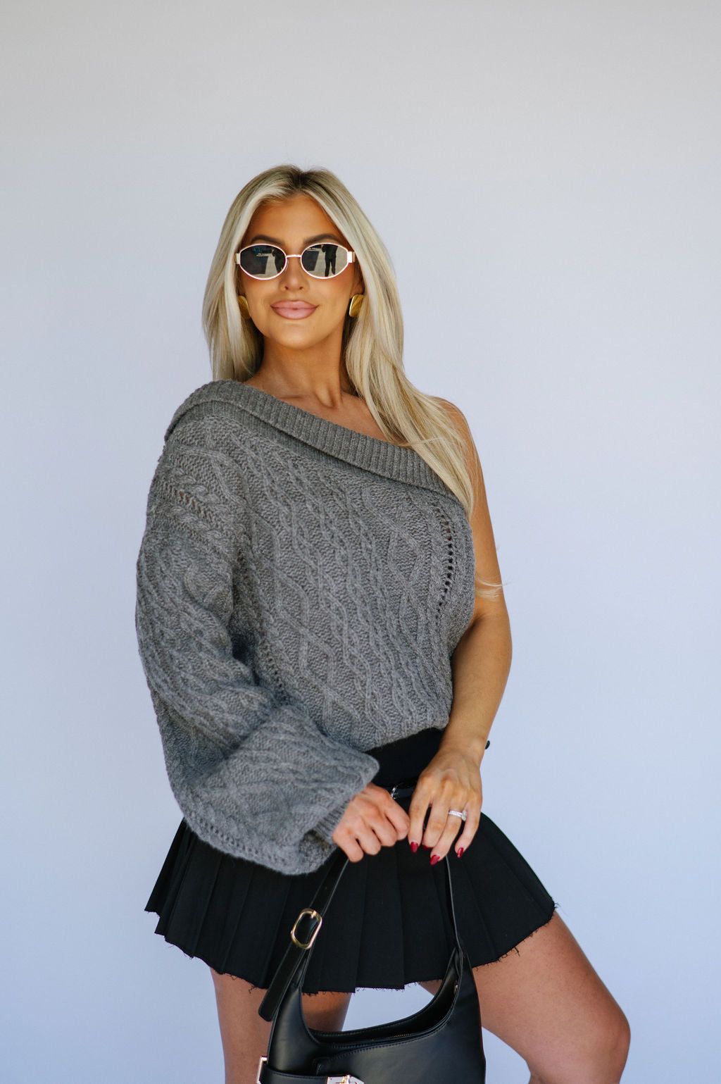 Bella One Shoulder Sweater-Charcoal