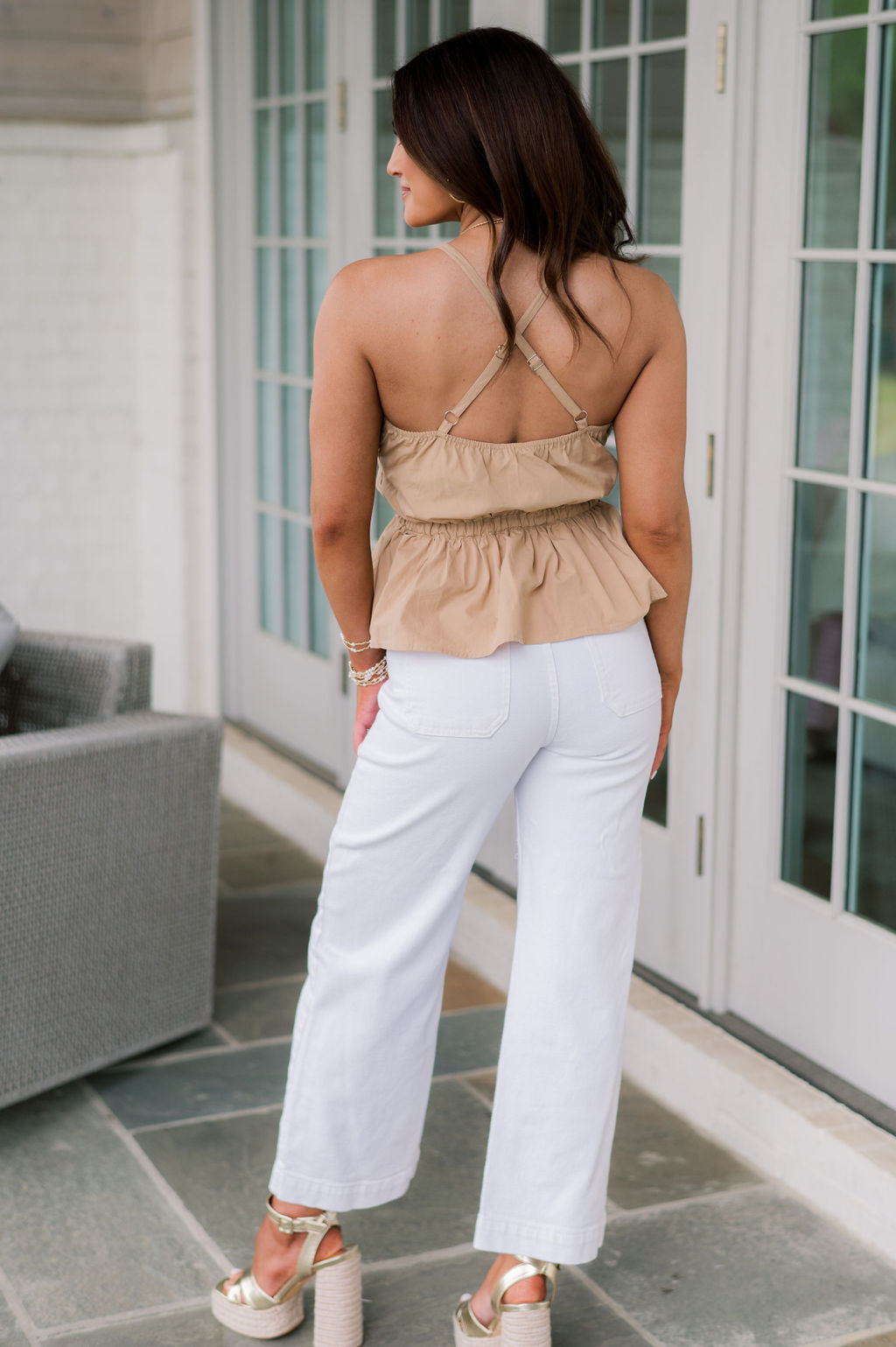 Mallory Ruched Peplum Top- Taupe