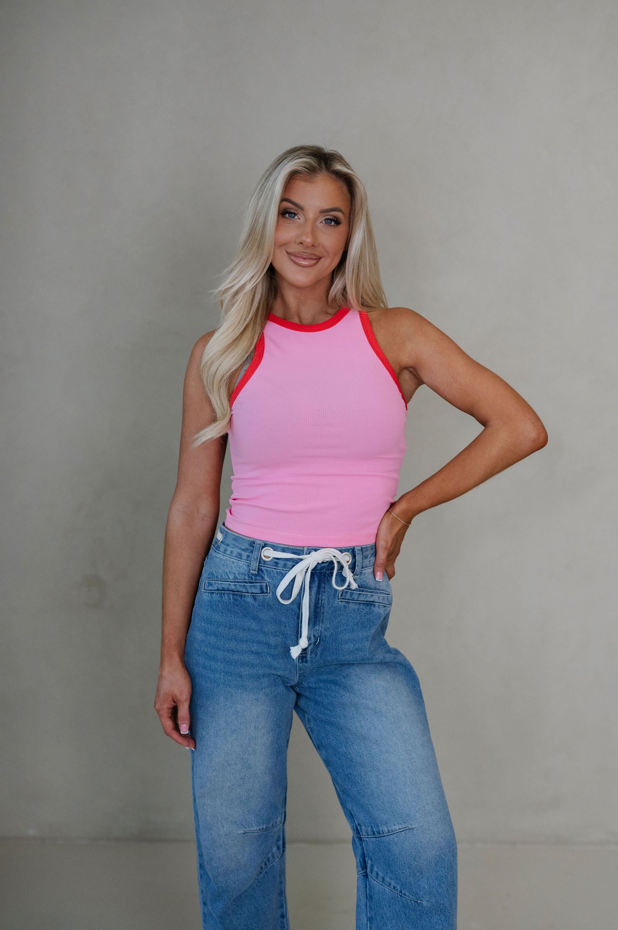 Hana Contrast Trim Tank Top-Bubble Pink/Red