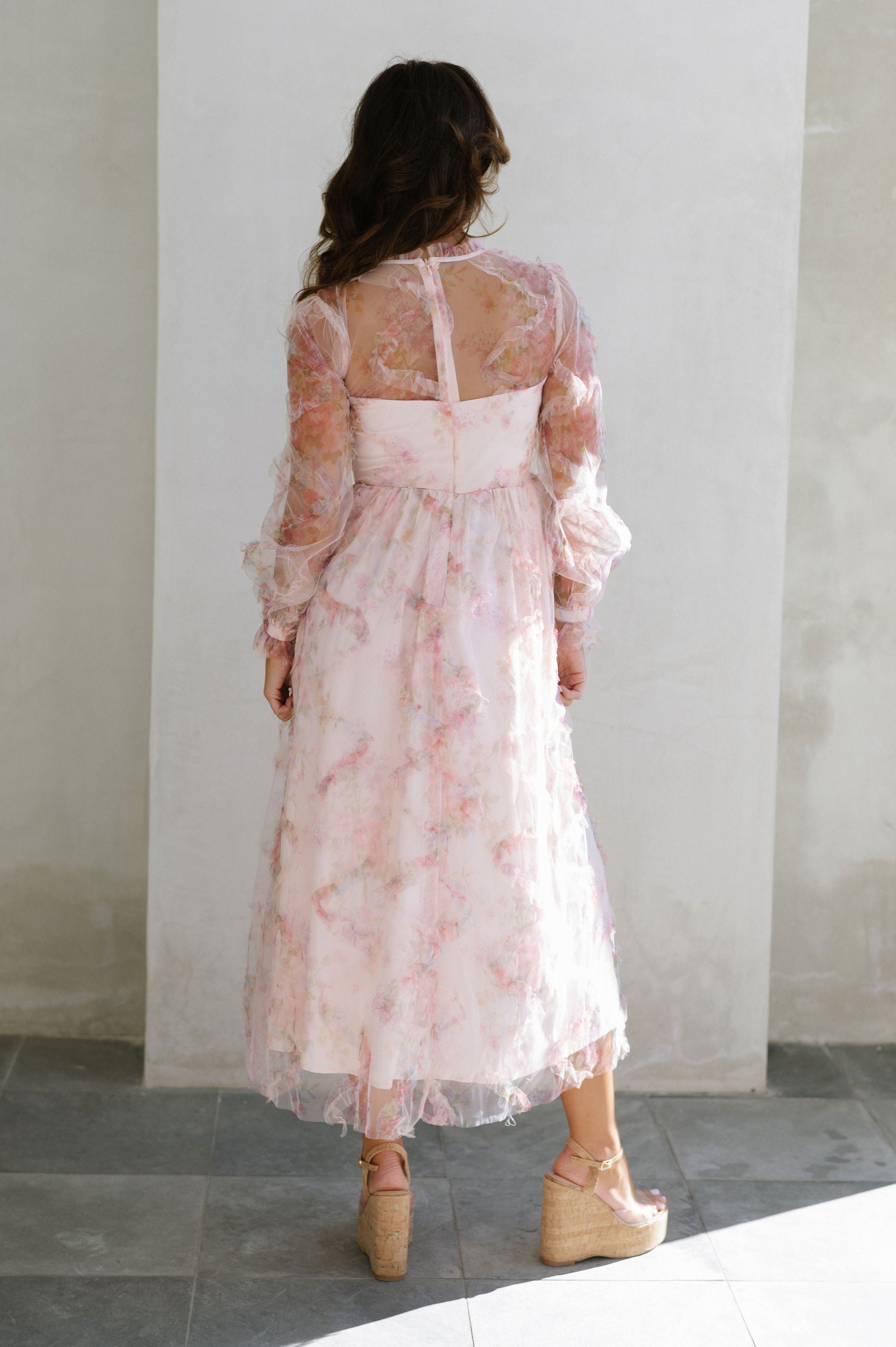 Rosemary Floral Mesh Midi Dress-Pink