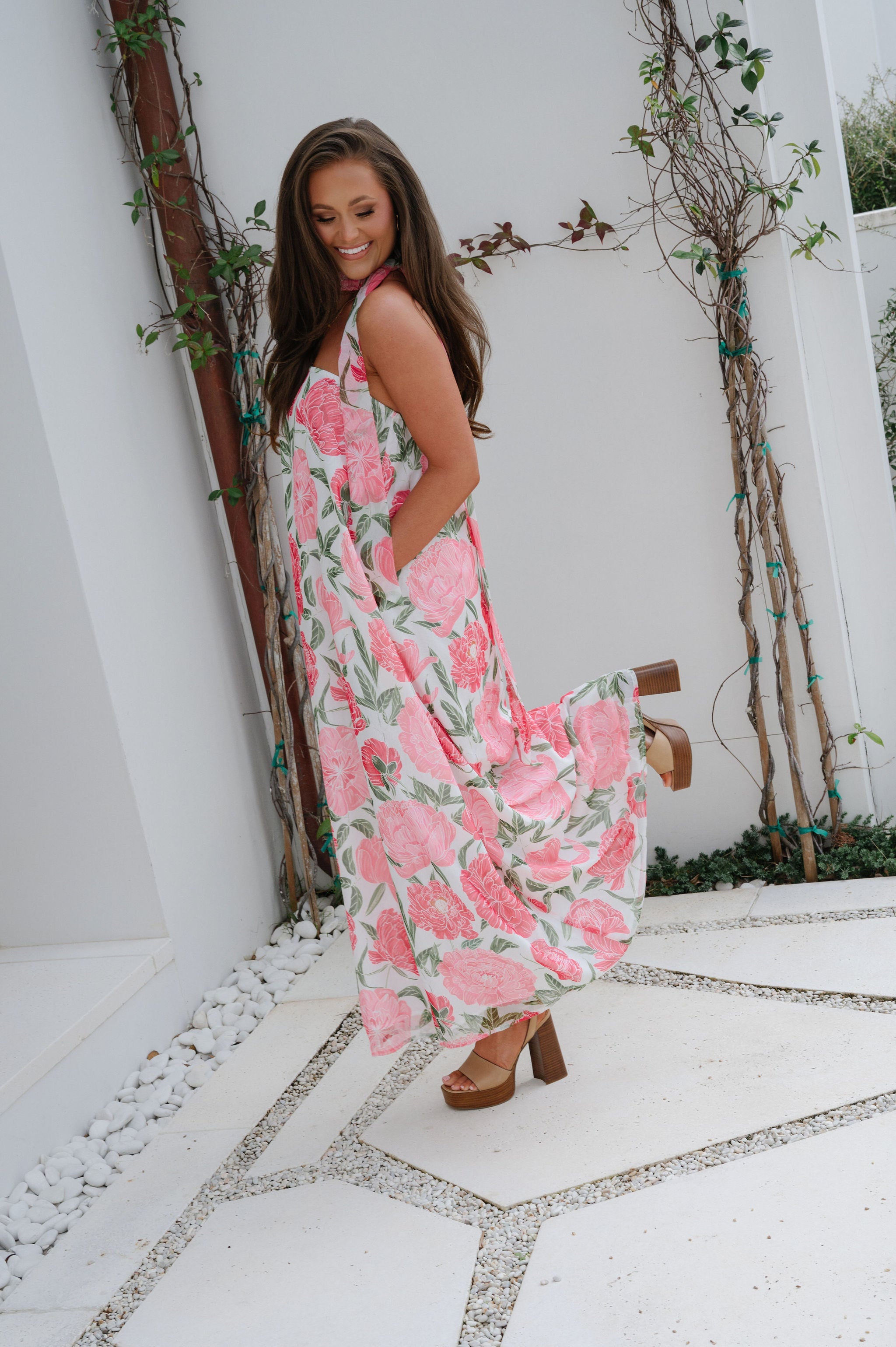 Sylvie Floral Scarf Maxi Dress-Pink