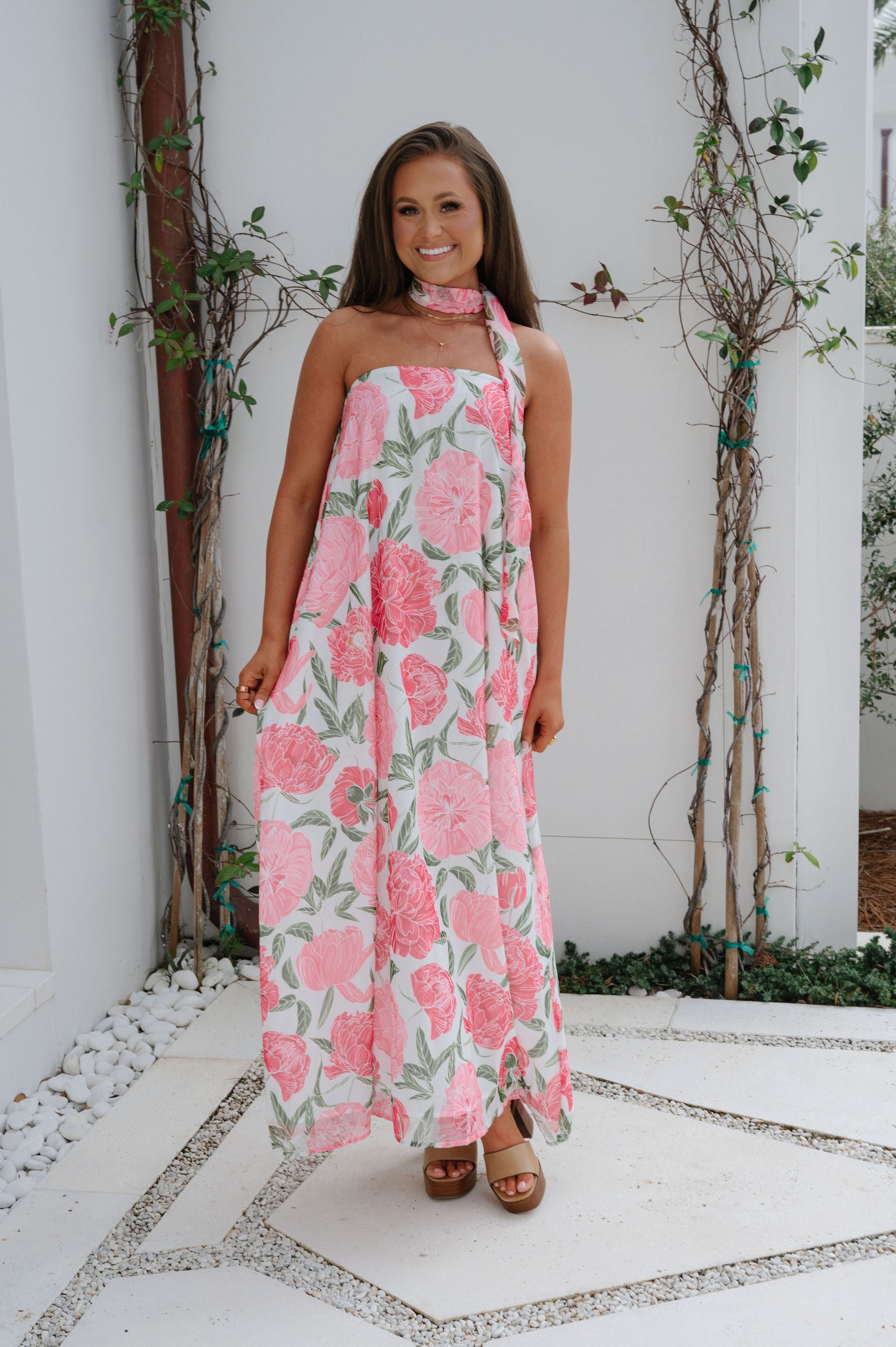 Sylvie Floral Scarf Maxi Dress-Pink
